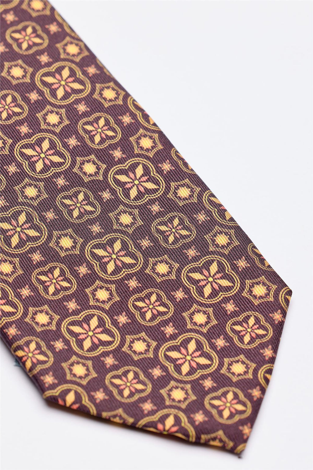 Kahverengi Hardal Desenli 7 Fold İpek Kravat - Image 3