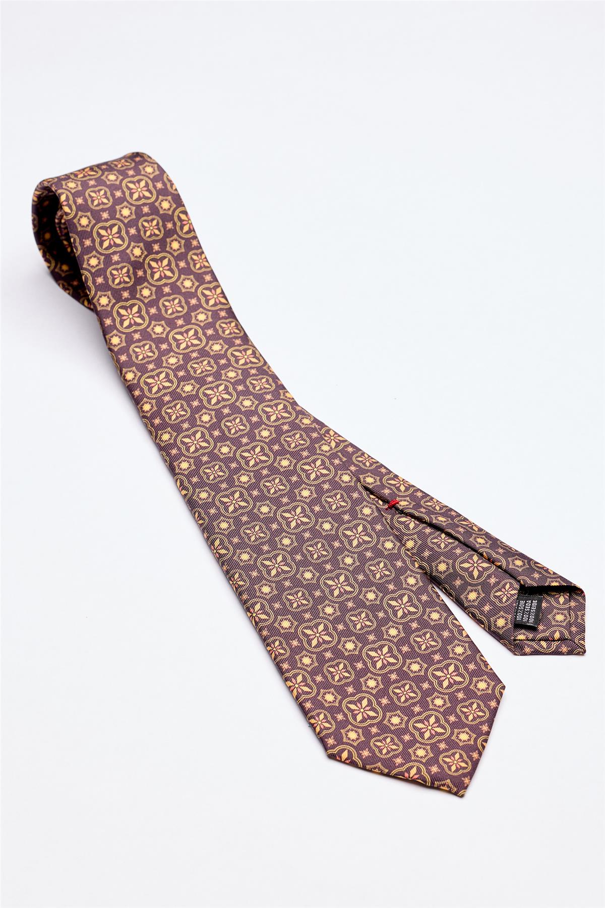 Kahverengi Hardal Desenli 7 Fold İpek Kravat - Image 1