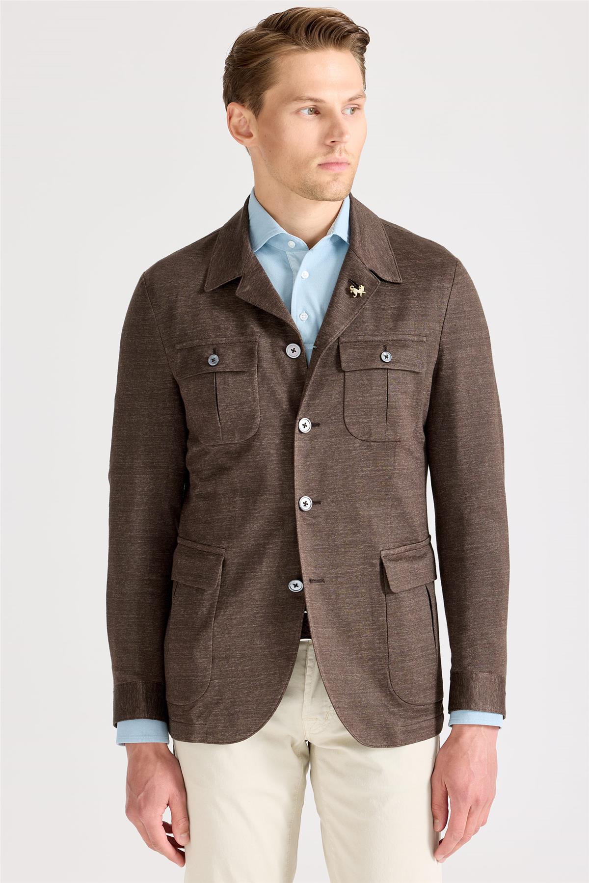 Kahverengi Keten Safari Ceket - Image 2