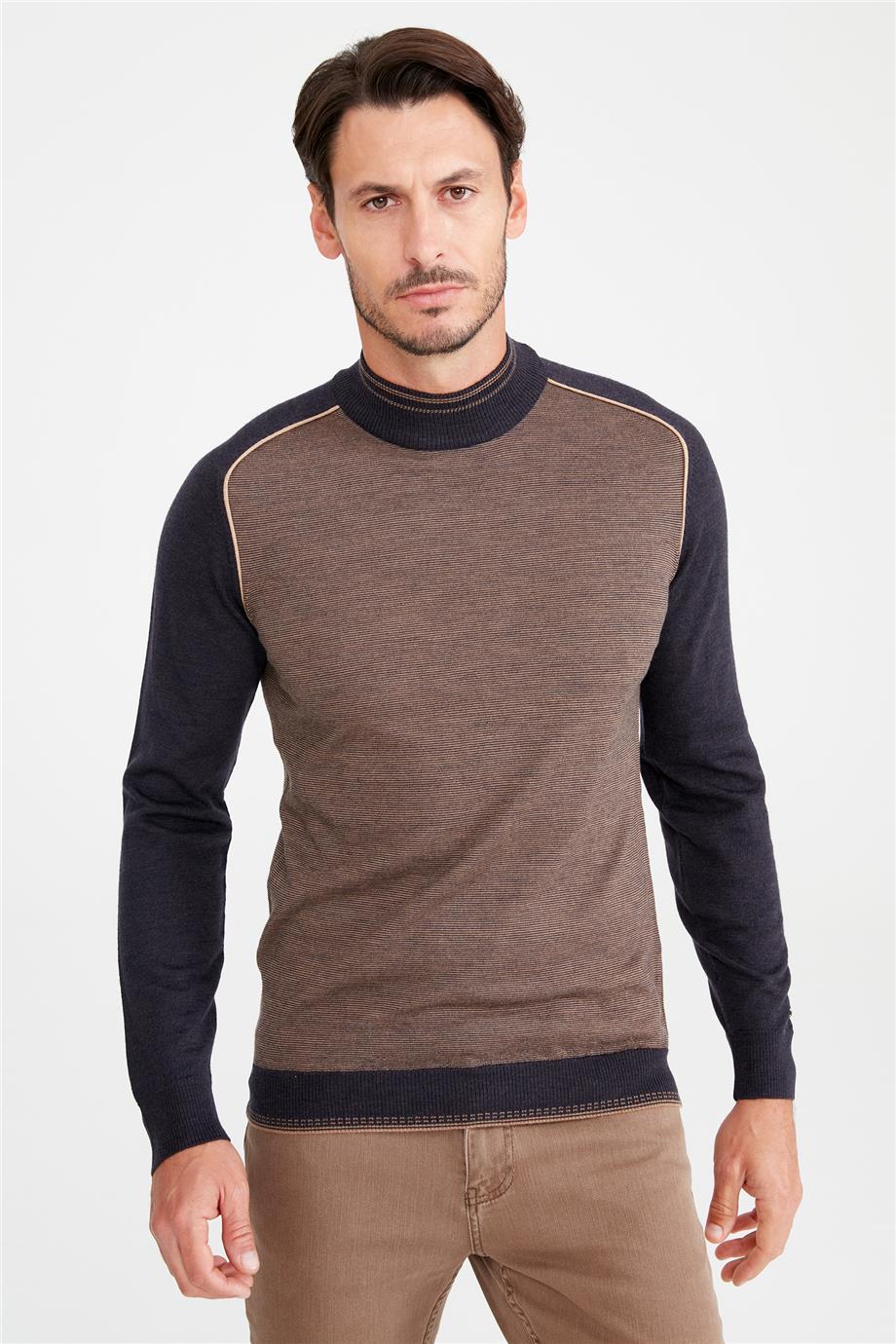 Kahverengi Lacivert Yarım Balıkçı Yün Triko - Image 1