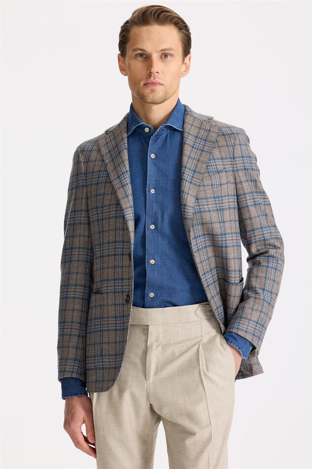 Kahverengi Mavi Ekoseli Yün İpek Ceket - Image 5