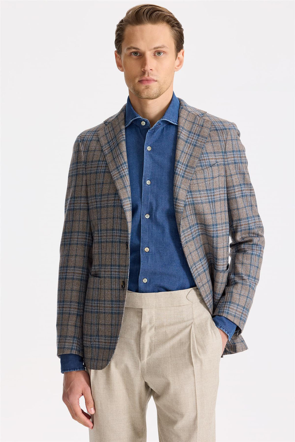 Kahverengi Mavi Ekoseli Yün İpek Ceket - Image 3