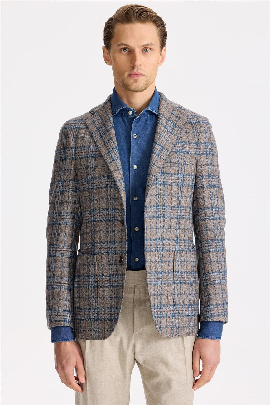 Kahverengi Mavi Ekoseli Yün İpek Ceket - Image 1