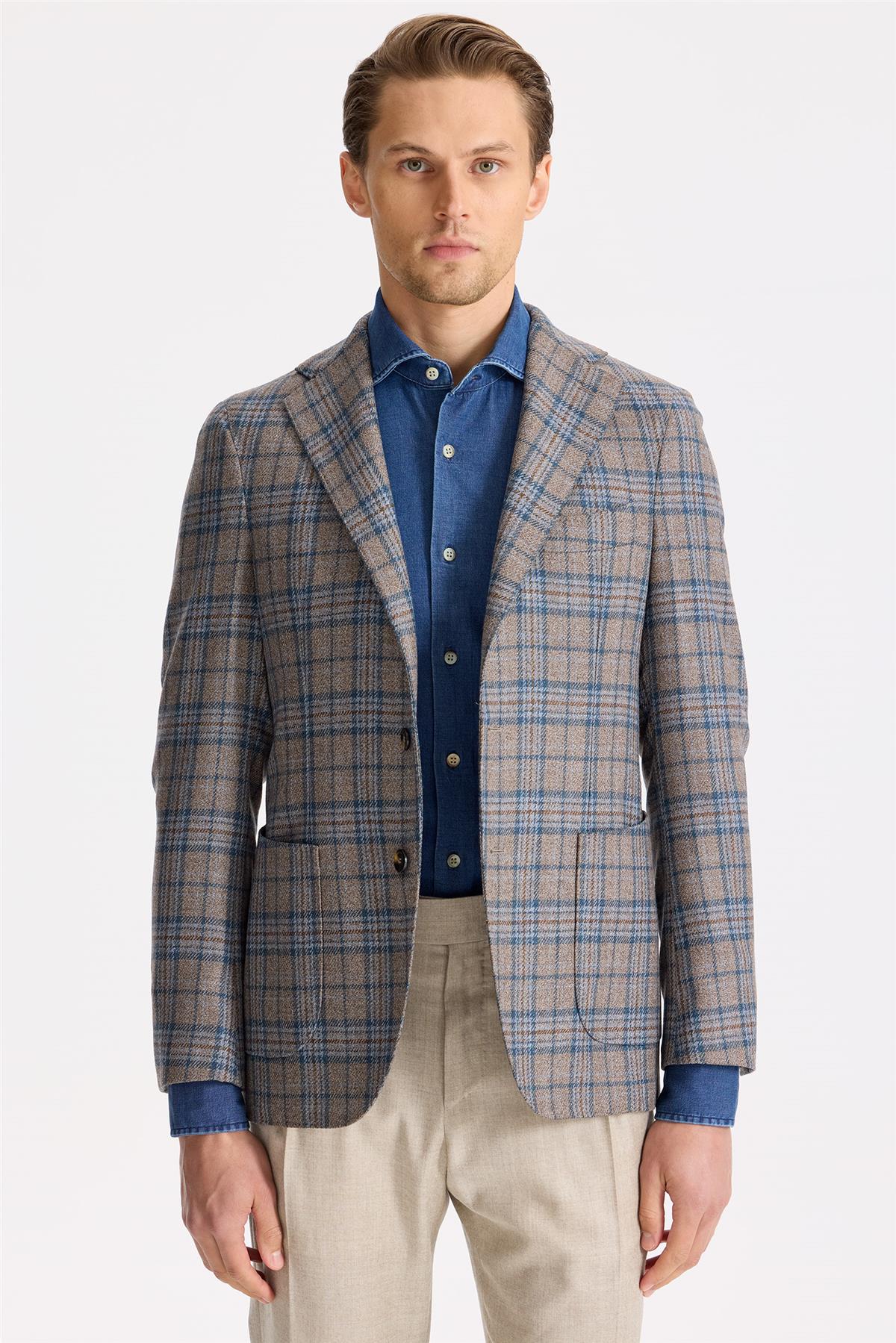 Kahverengi Mavi Ekoseli Yün İpek Ceket - Image 1