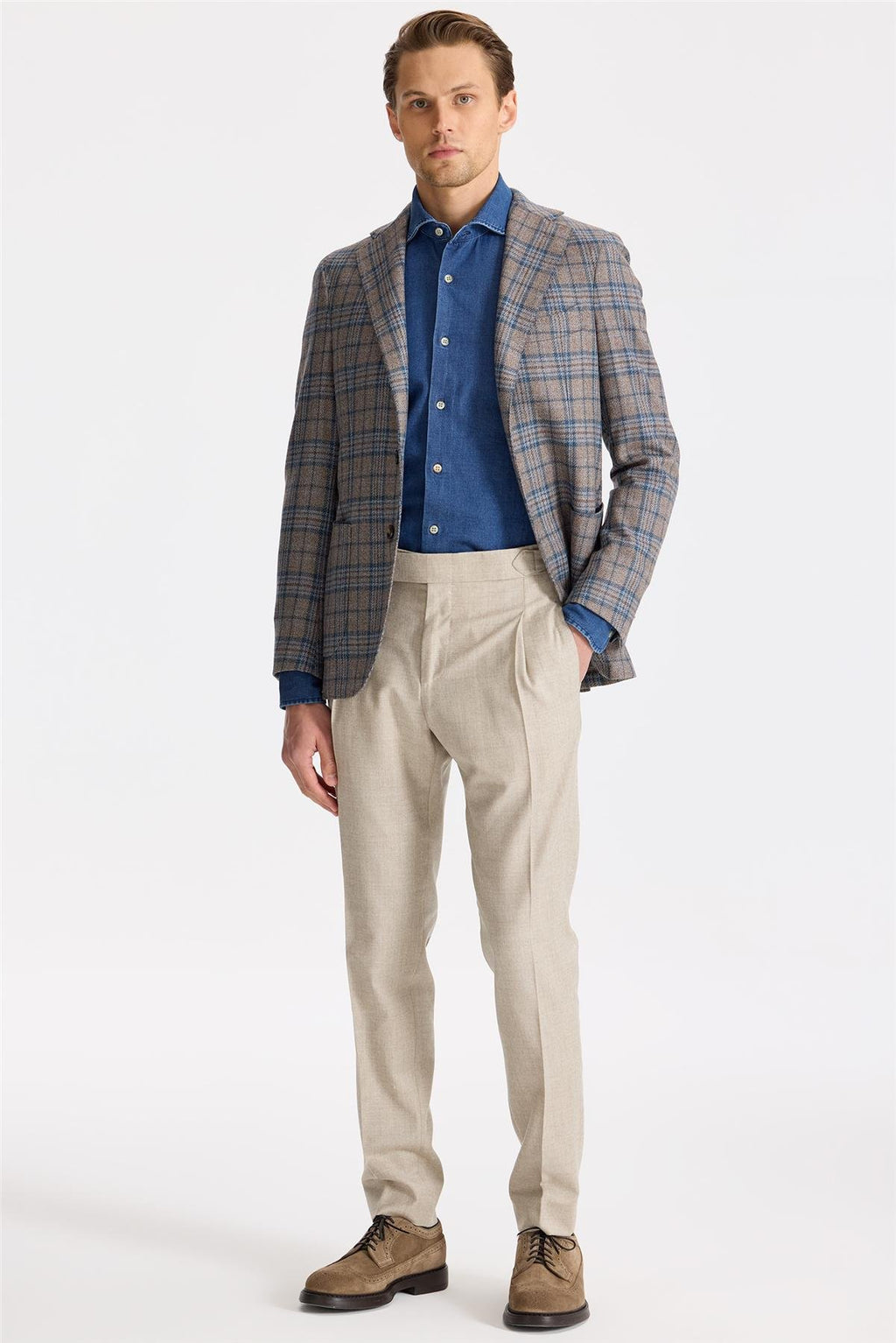 Kahverengi Mavi Ekoseli Yün İpek Ceket - Image 4