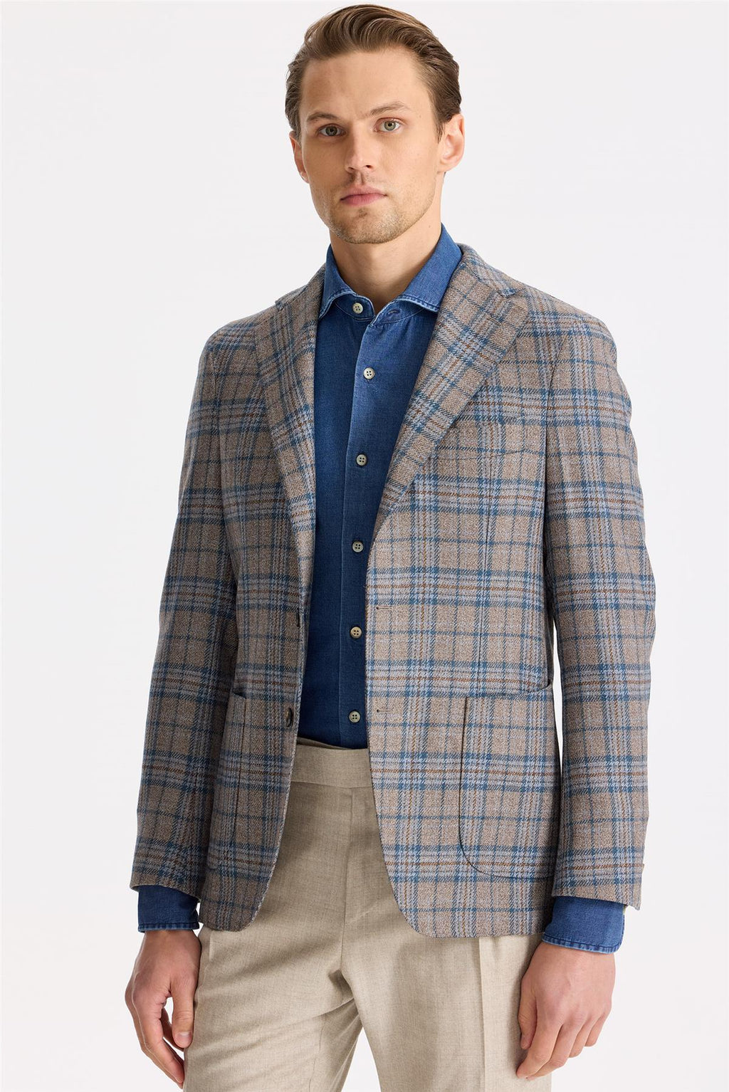 Kahverengi Mavi Ekoseli Yün İpek Ceket - Image 2