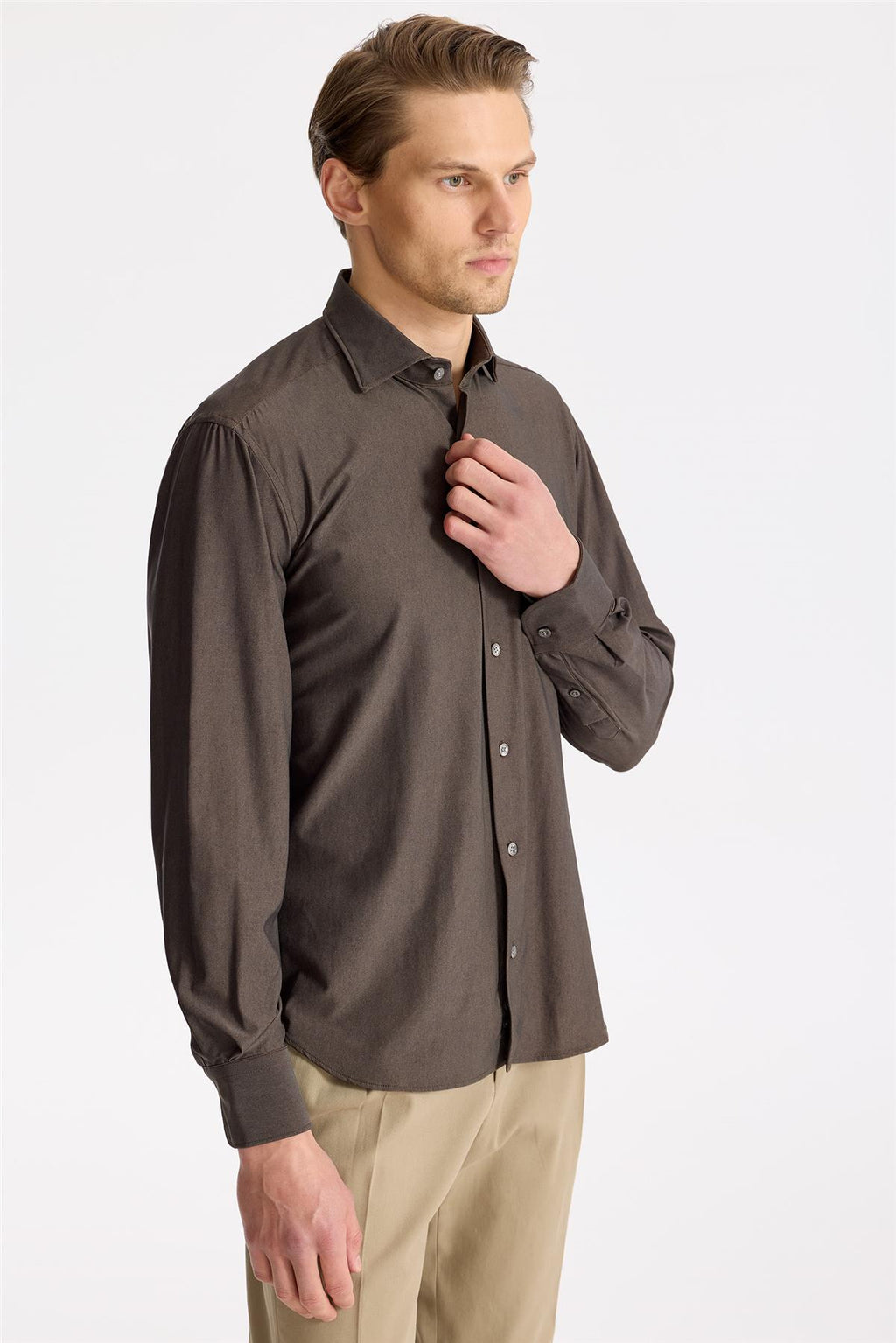 Kahverengi Teknik Kumaş Gömlek - Image 5