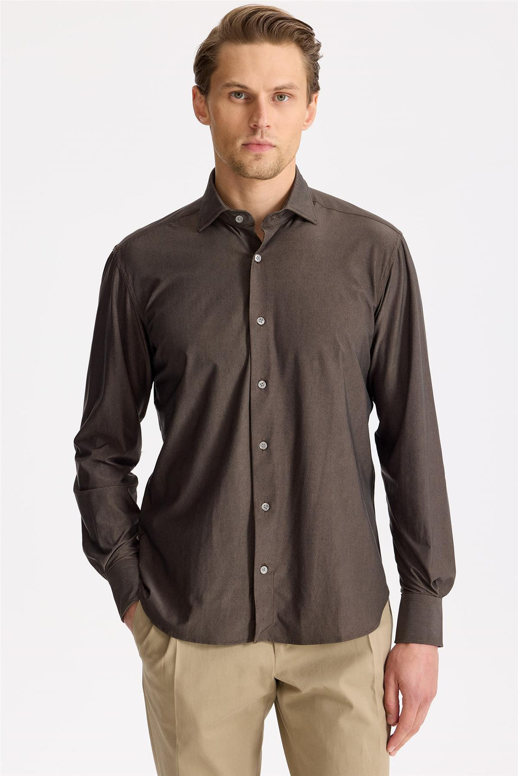 Kahverengi Teknik Kumaş Gömlek - Image 2