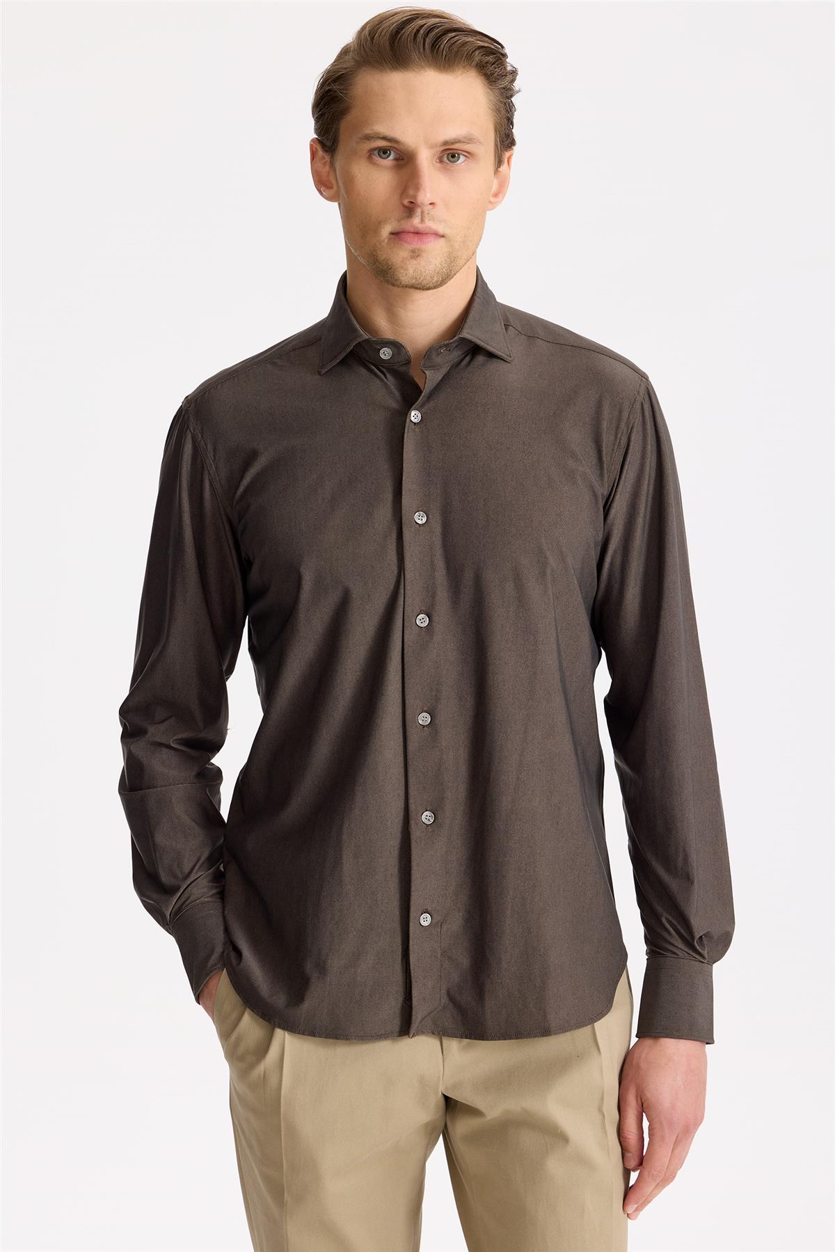 Kahverengi Teknik Kumaş Gömlek - Image 2