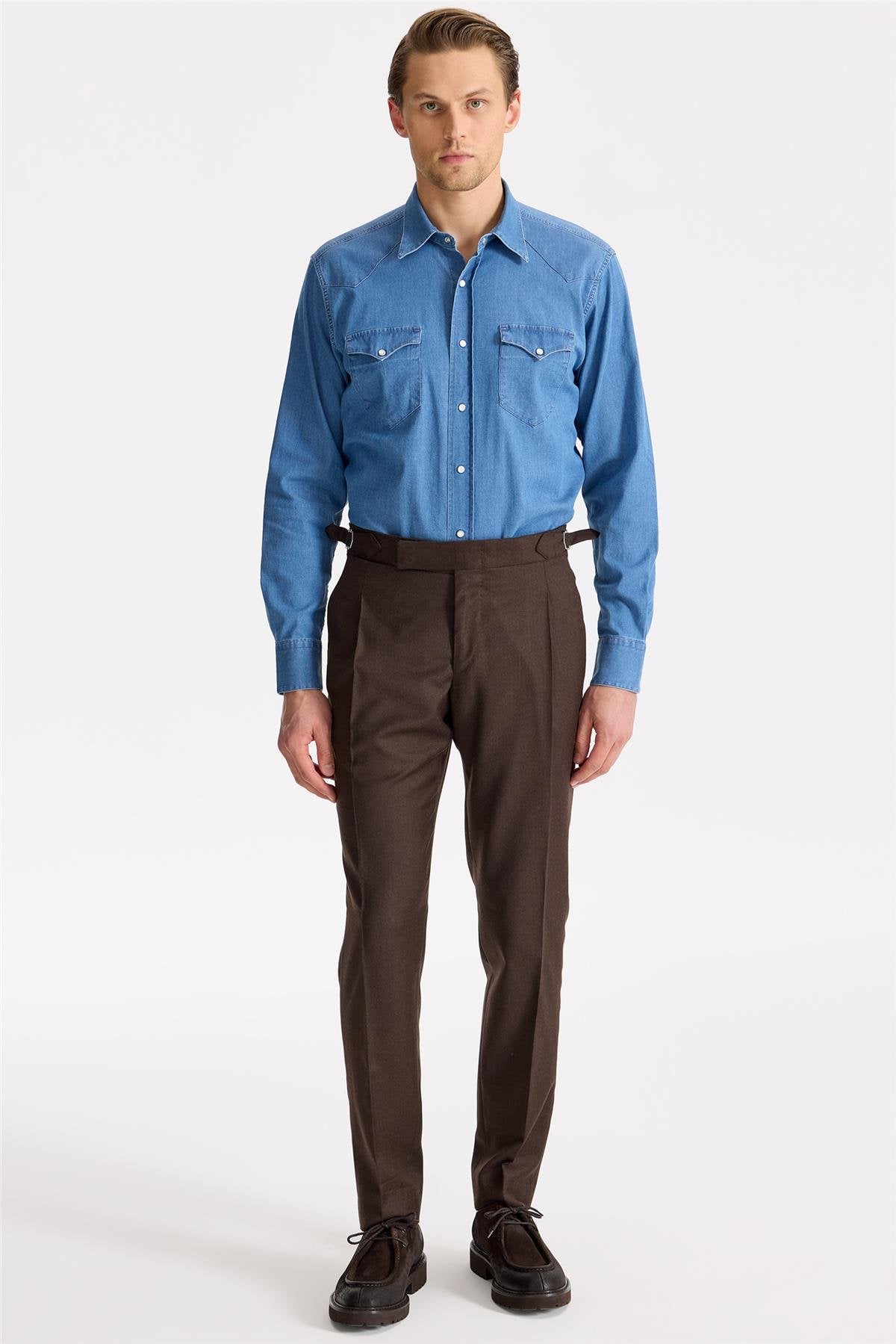 Kahverengi Tokalı Yün Flanel Pantolon - Image 5