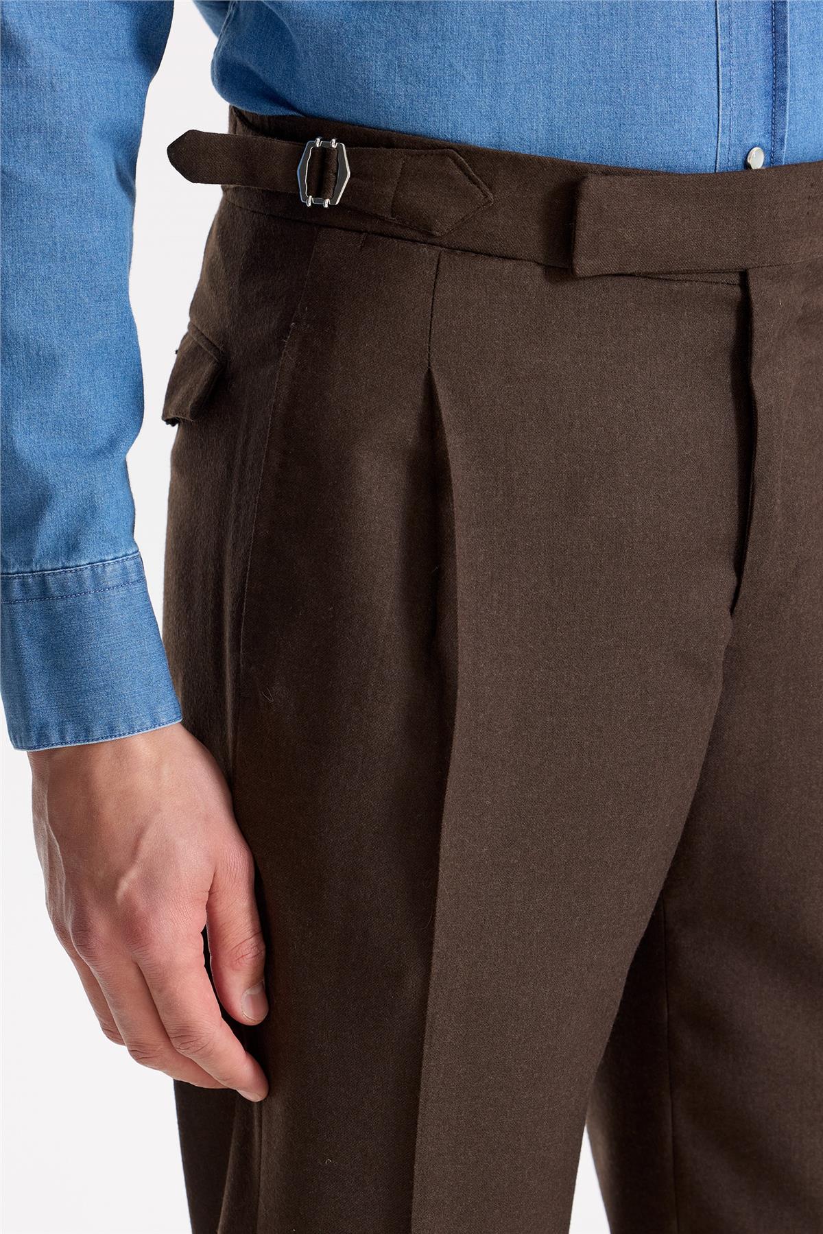 Kahverengi Tokalı Yün Flanel Pantolon - Image 2