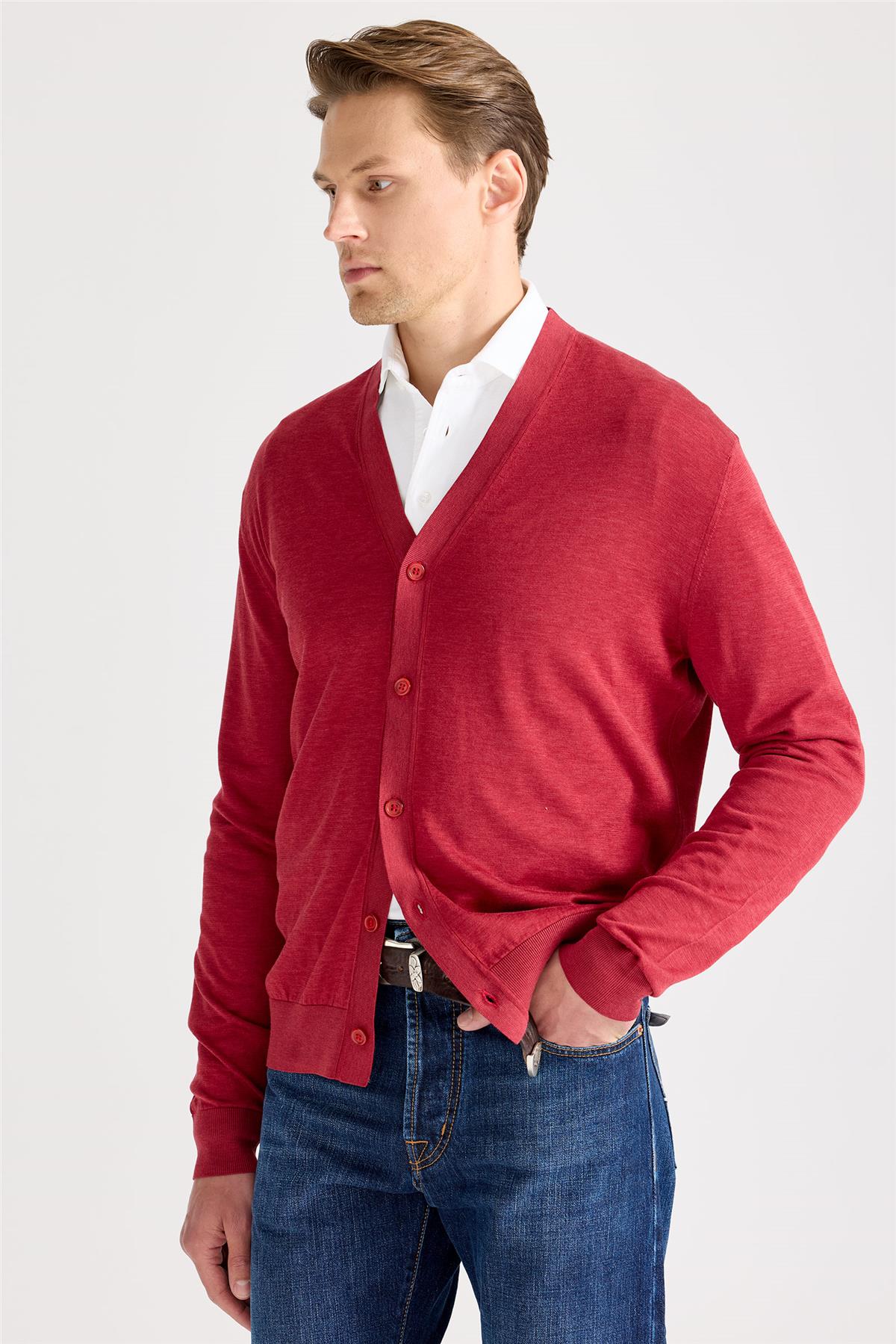 Kırmızı Pamuk İpek Hırka - Image 4