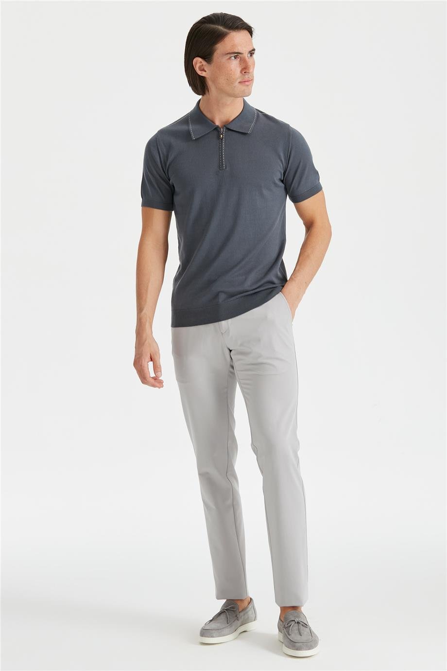 Koyu Gri Polo Yaka Erkek Pamuk Triko - Image 3