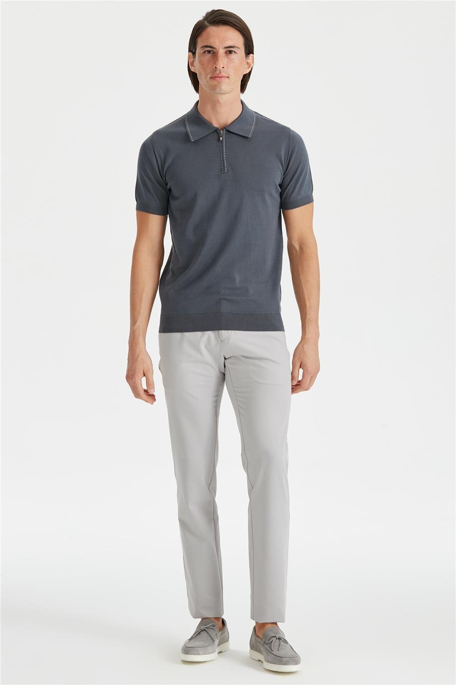Koyu Gri Polo Yaka Erkek Pamuk Triko - Image 2