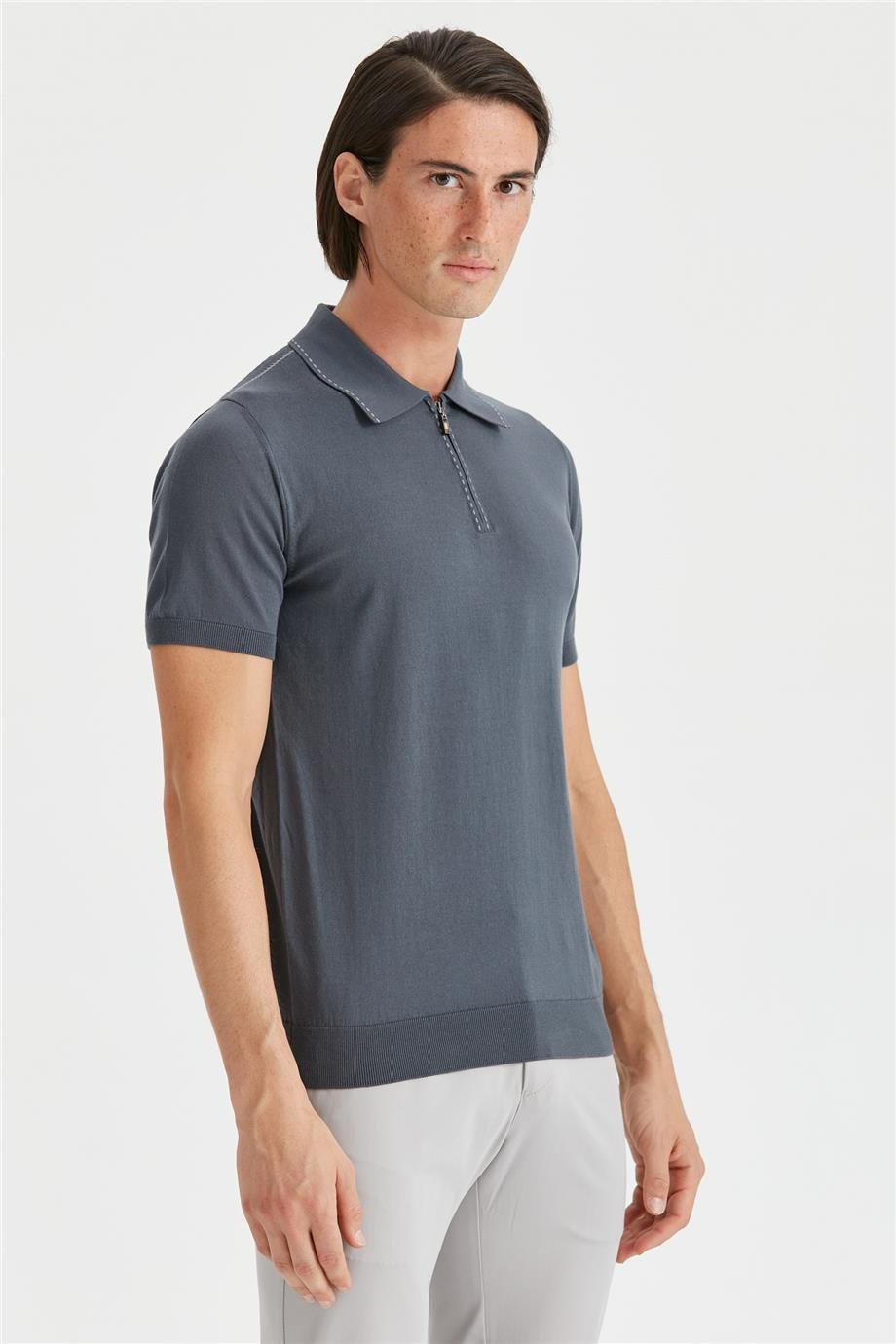 Koyu Gri Polo Yaka Erkek Pamuk Triko - Image 4