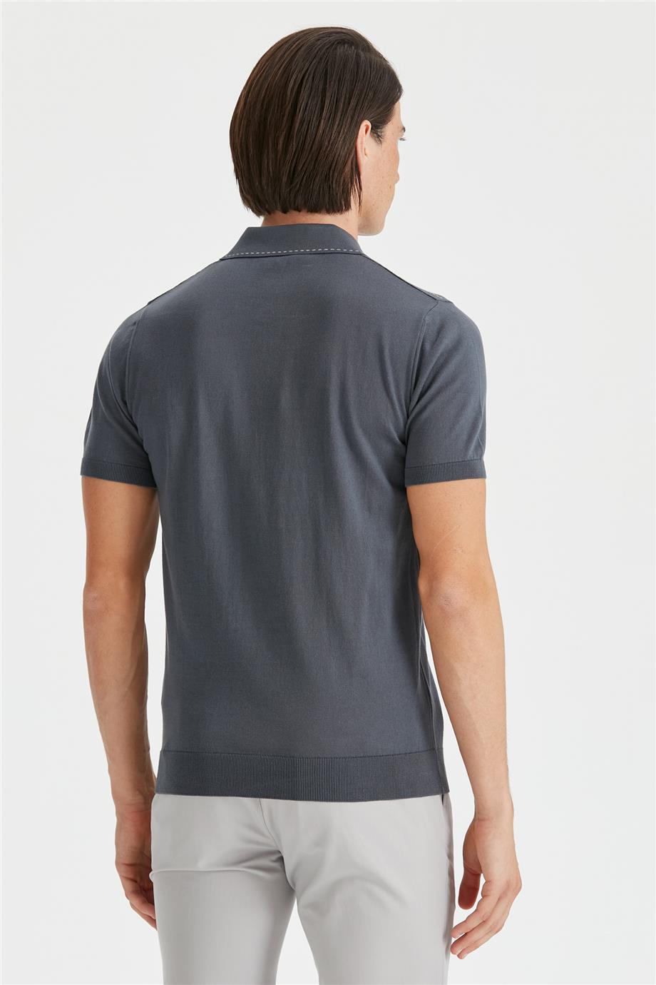 Koyu Gri Polo Yaka Erkek Pamuk Triko - Image 5