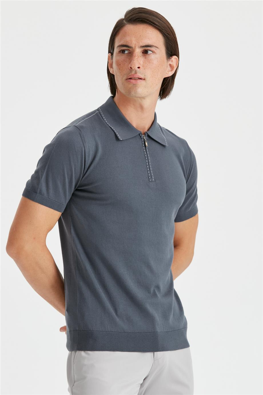 Koyu Gri Polo Yaka Erkek Pamuk Triko - Image 1