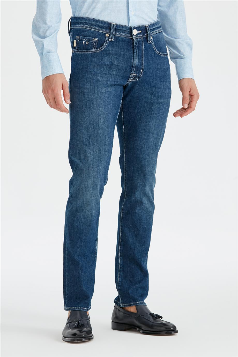Koyu Mavi Keten Karışımlı Denim Pantolon - Image 3