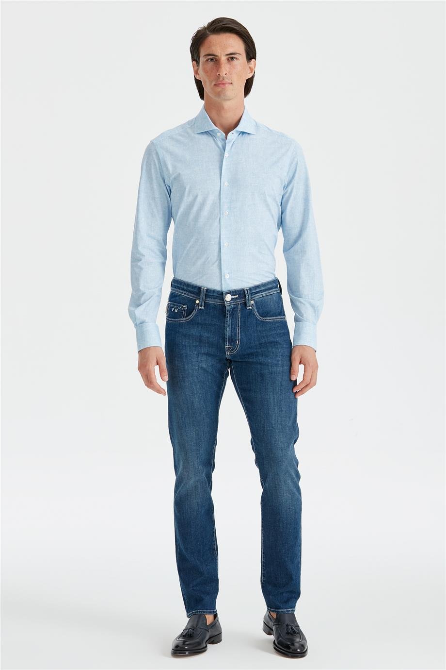 Koyu Mavi Keten Karışımlı Denim Pantolon - Image 2