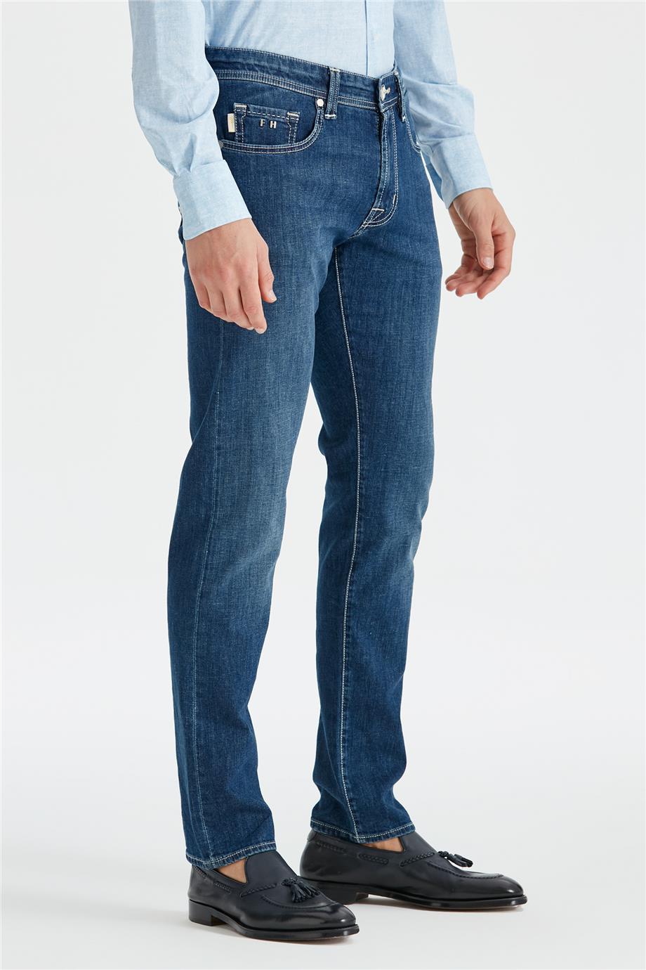 Koyu Mavi Keten Karışımlı Denim Pantolon - Image 5
