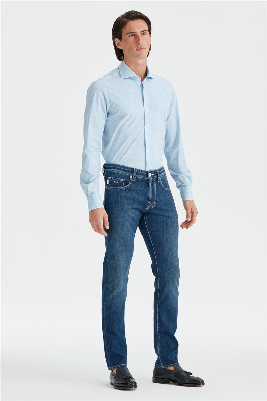 Koyu Mavi Keten Karışımlı Denim Pantolon - Image 1