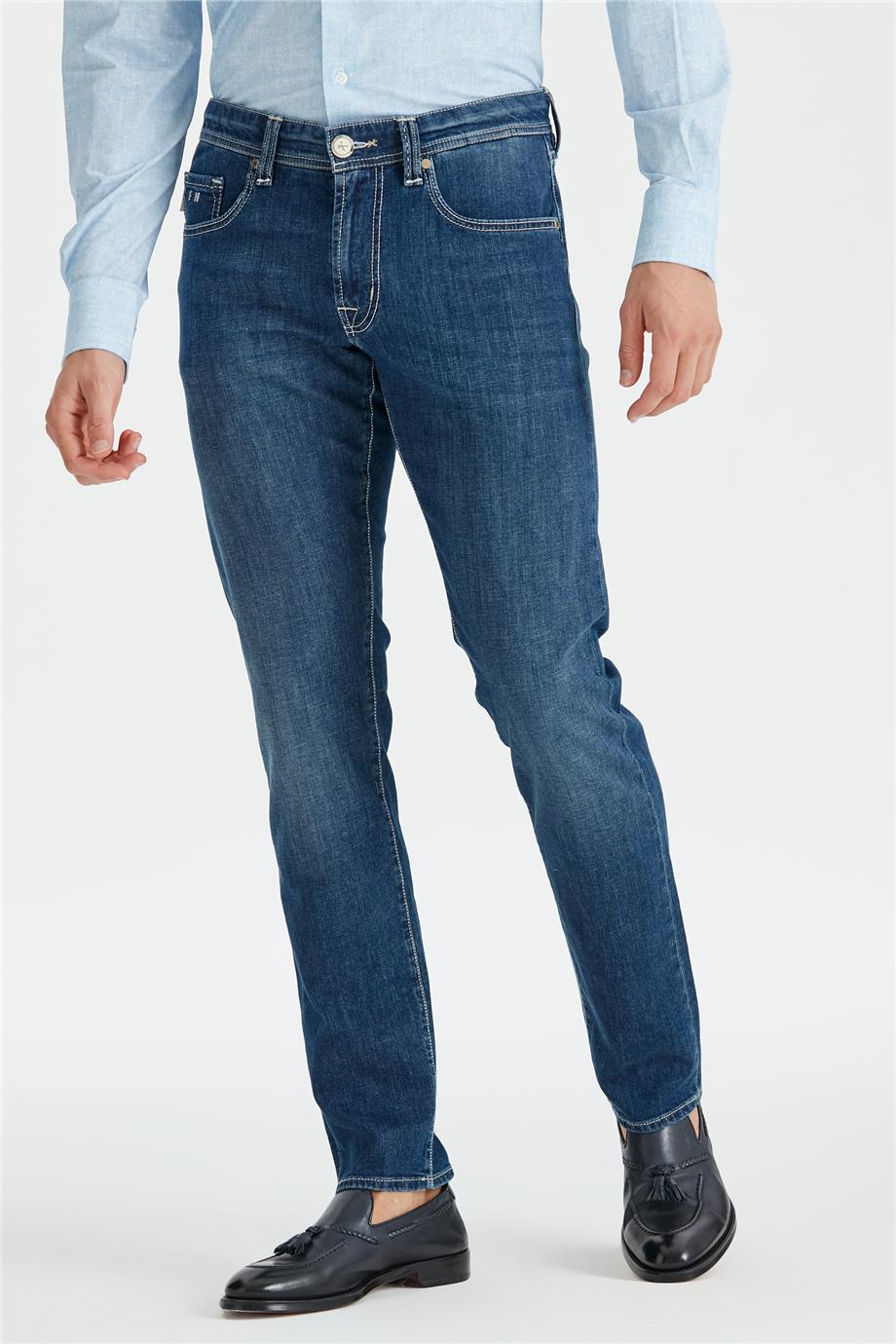 Koyu Mavi Keten Karışımlı Denim Pantolon - Image 4