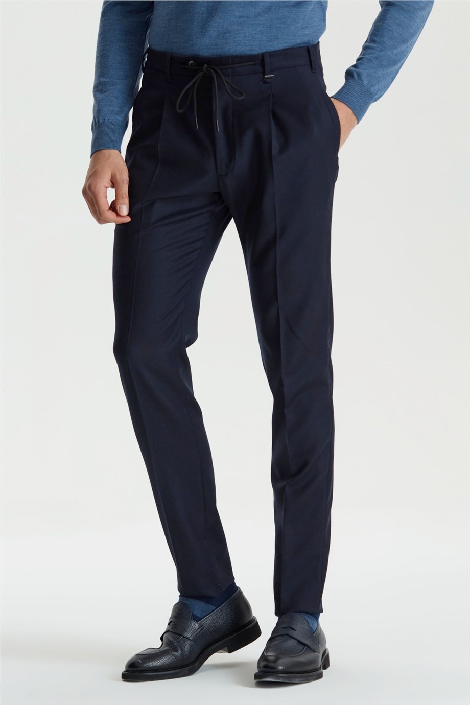 Lacivert Bağcıklı Yün Flanel Pantolon - Image 4