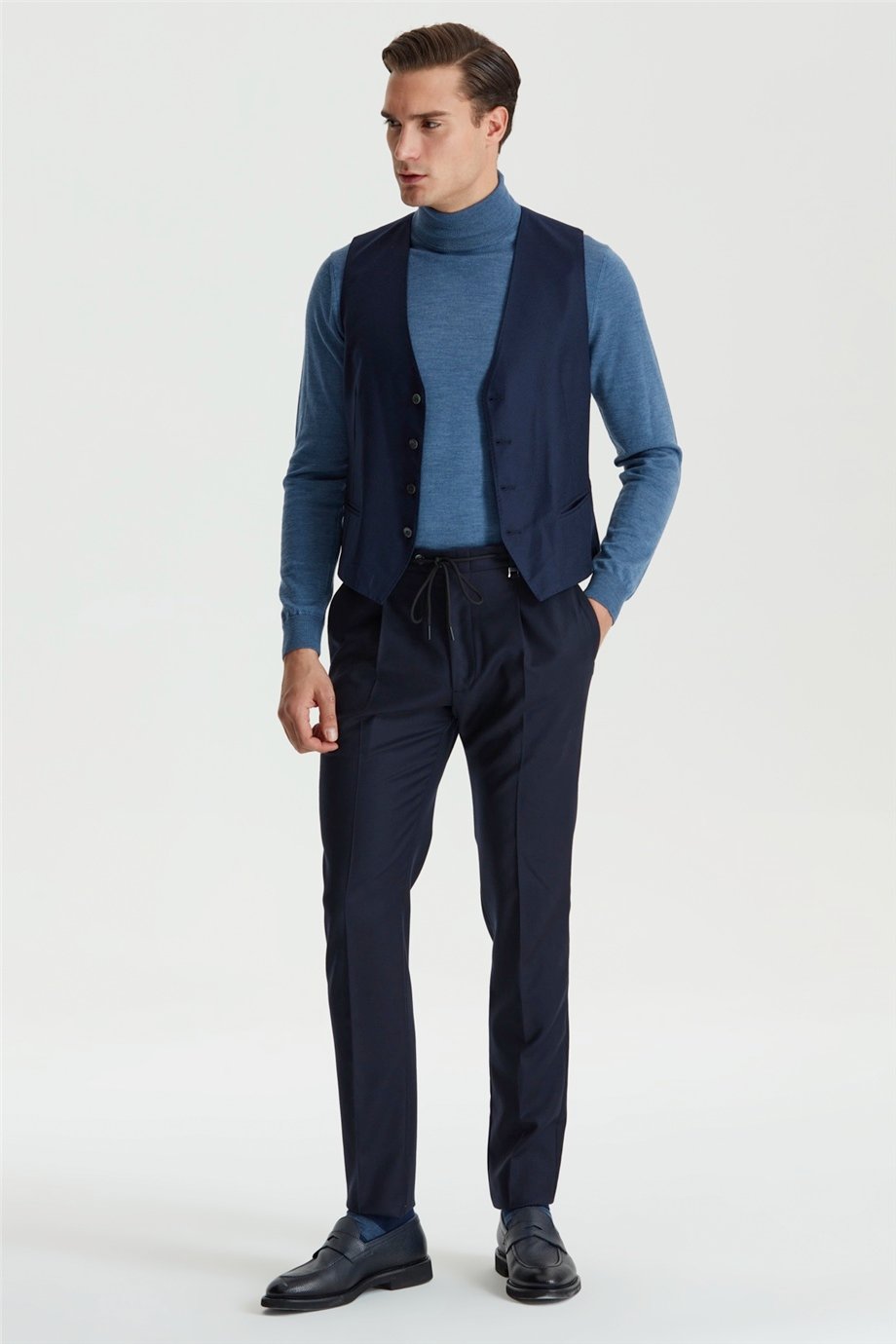 Lacivert Bağcıklı Yün Flanel Pantolon - Image 2