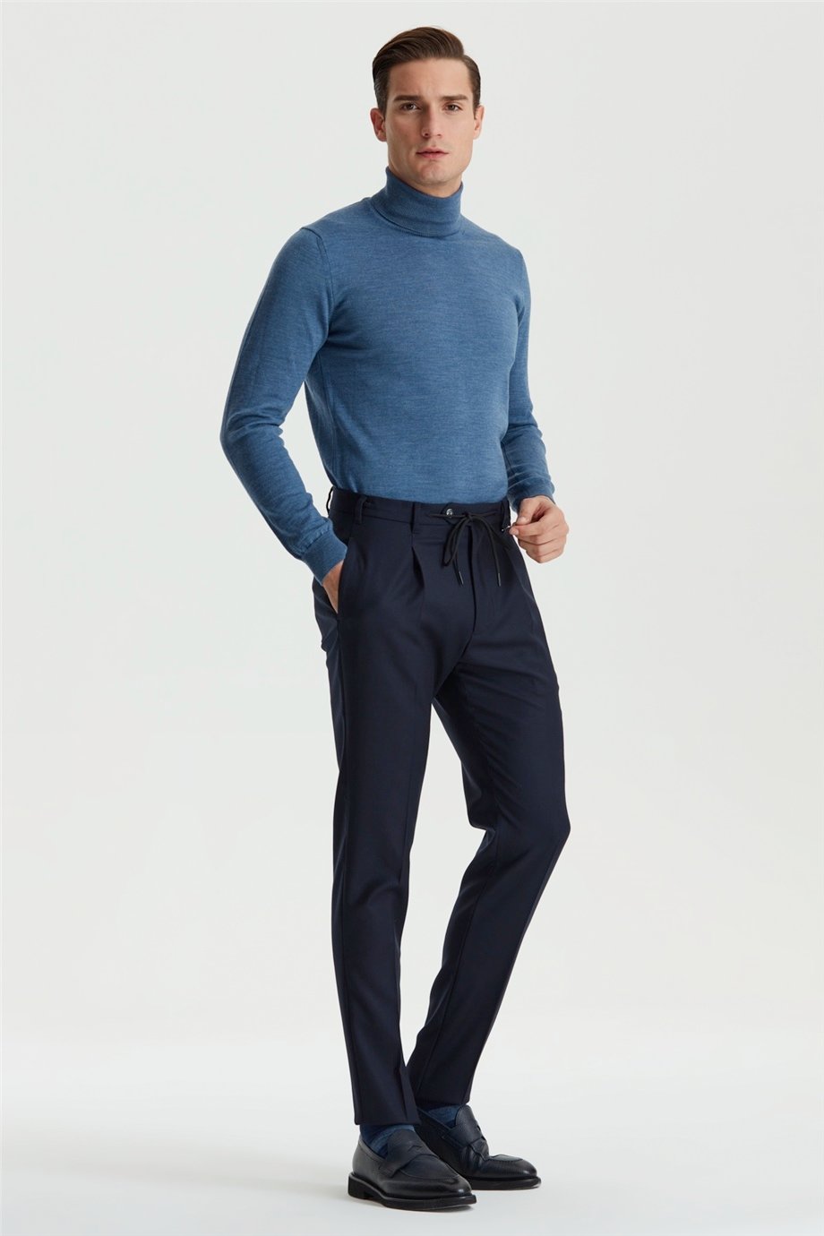 Lacivert Bağcıklı Yün Flanel Pantolon - Image 5