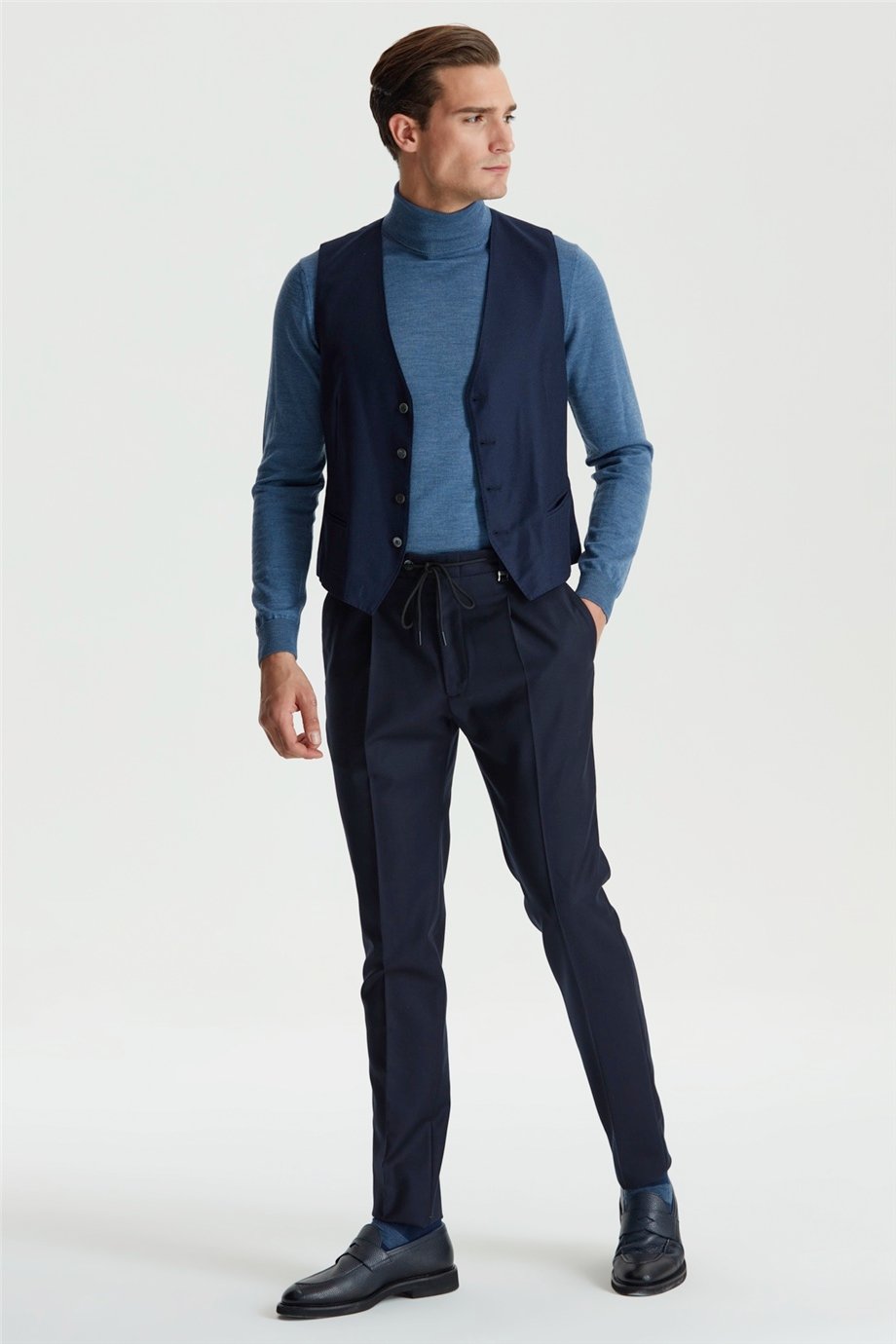 Lacivert Bağcıklı Yün Flanel Pantolon - Image 3