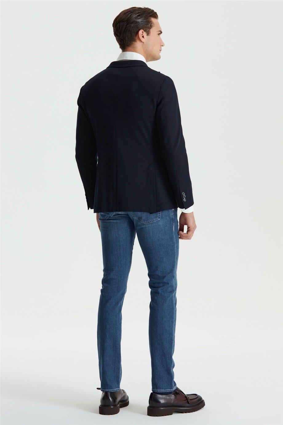 Lacivert Balık Sırtı Desen Kruvaze Ceket - Image 3