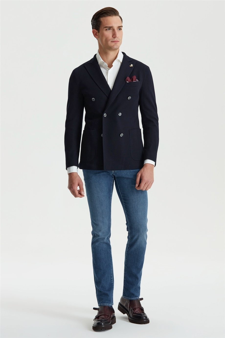 Lacivert Balık Sırtı Desen Kruvaze Ceket - Image 2