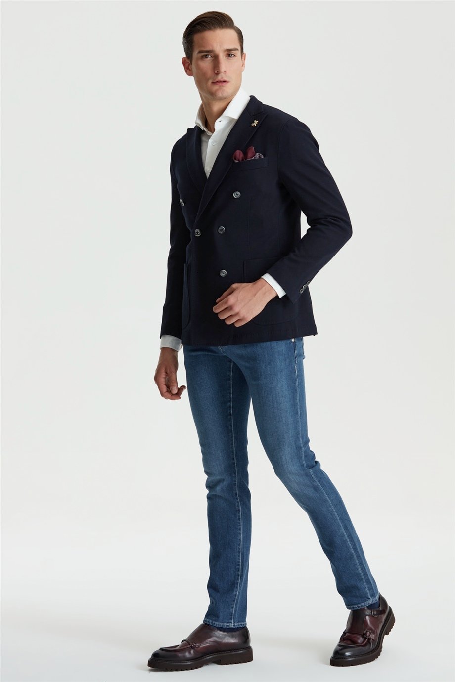 Lacivert Balık Sırtı Desen Kruvaze Ceket - Image 5