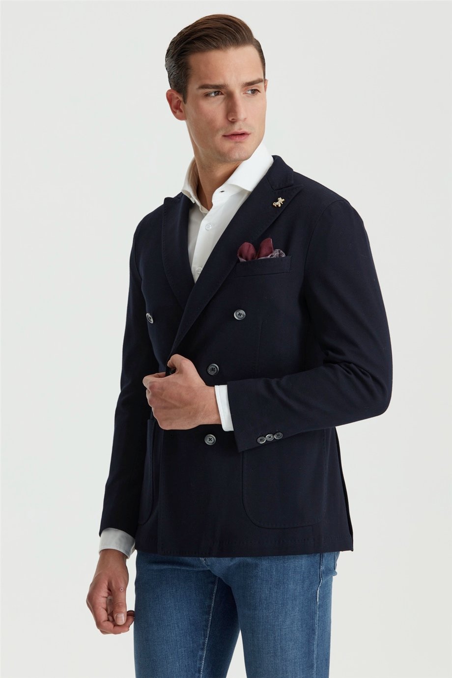 Lacivert Balık Sırtı Desen Kruvaze Ceket - Image 4