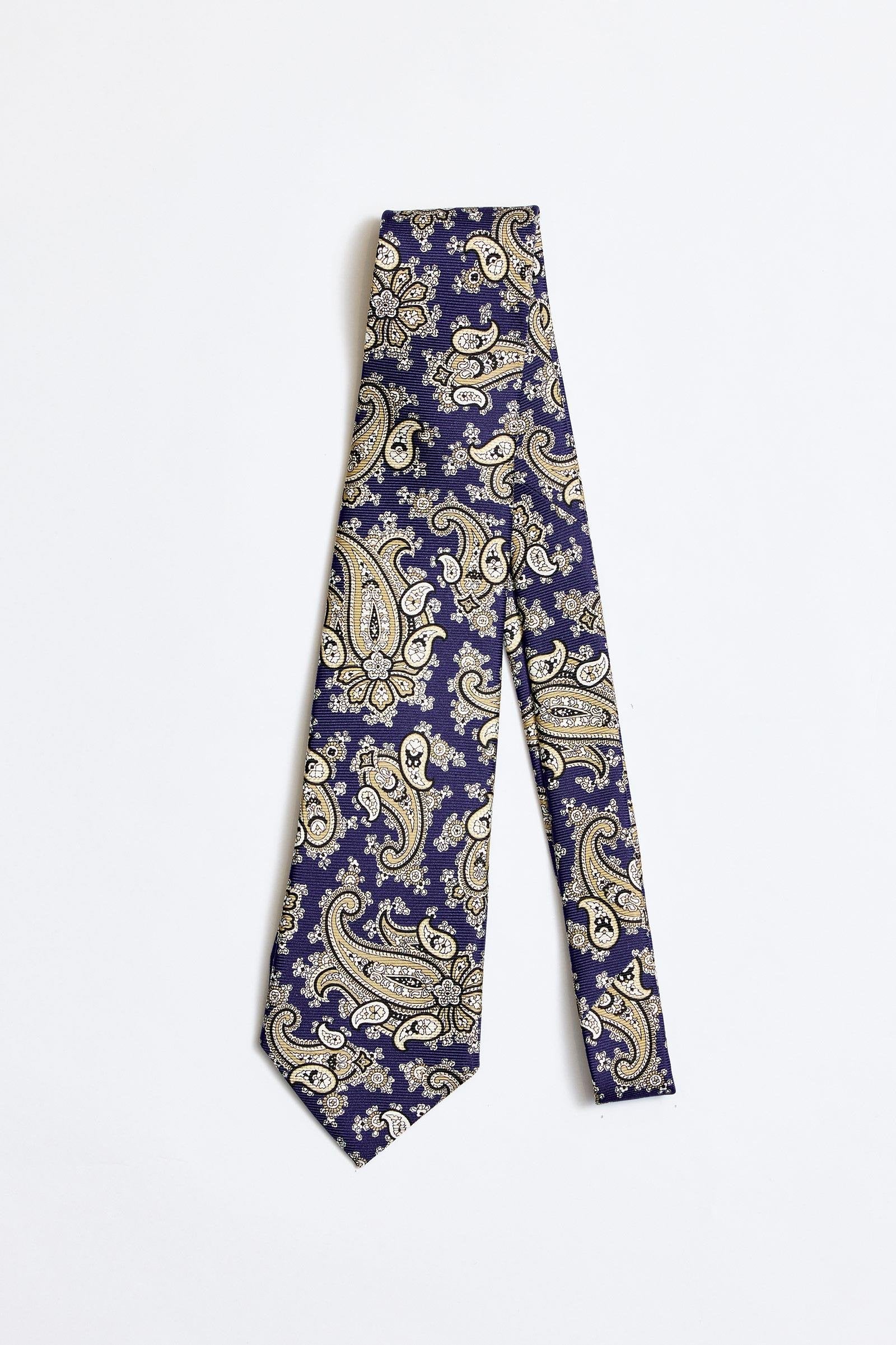 Lacivert Bej 5 Fold İpek Kravat