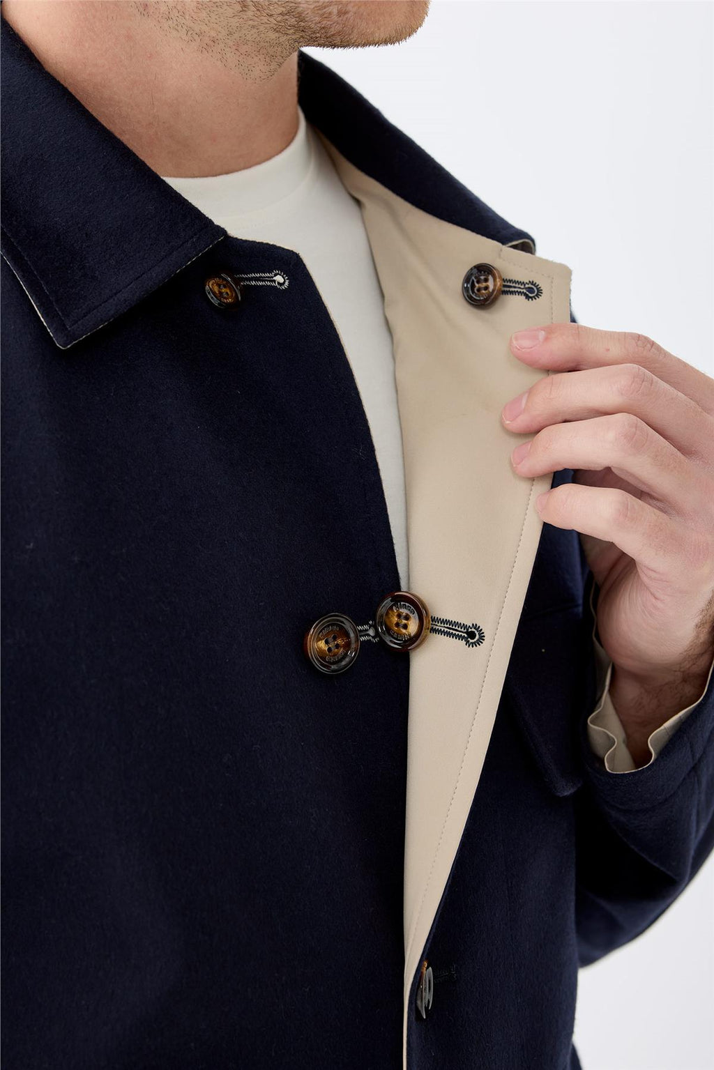 Lacivert Bej Çift Taraflı Kaşmir Mont - Image 4