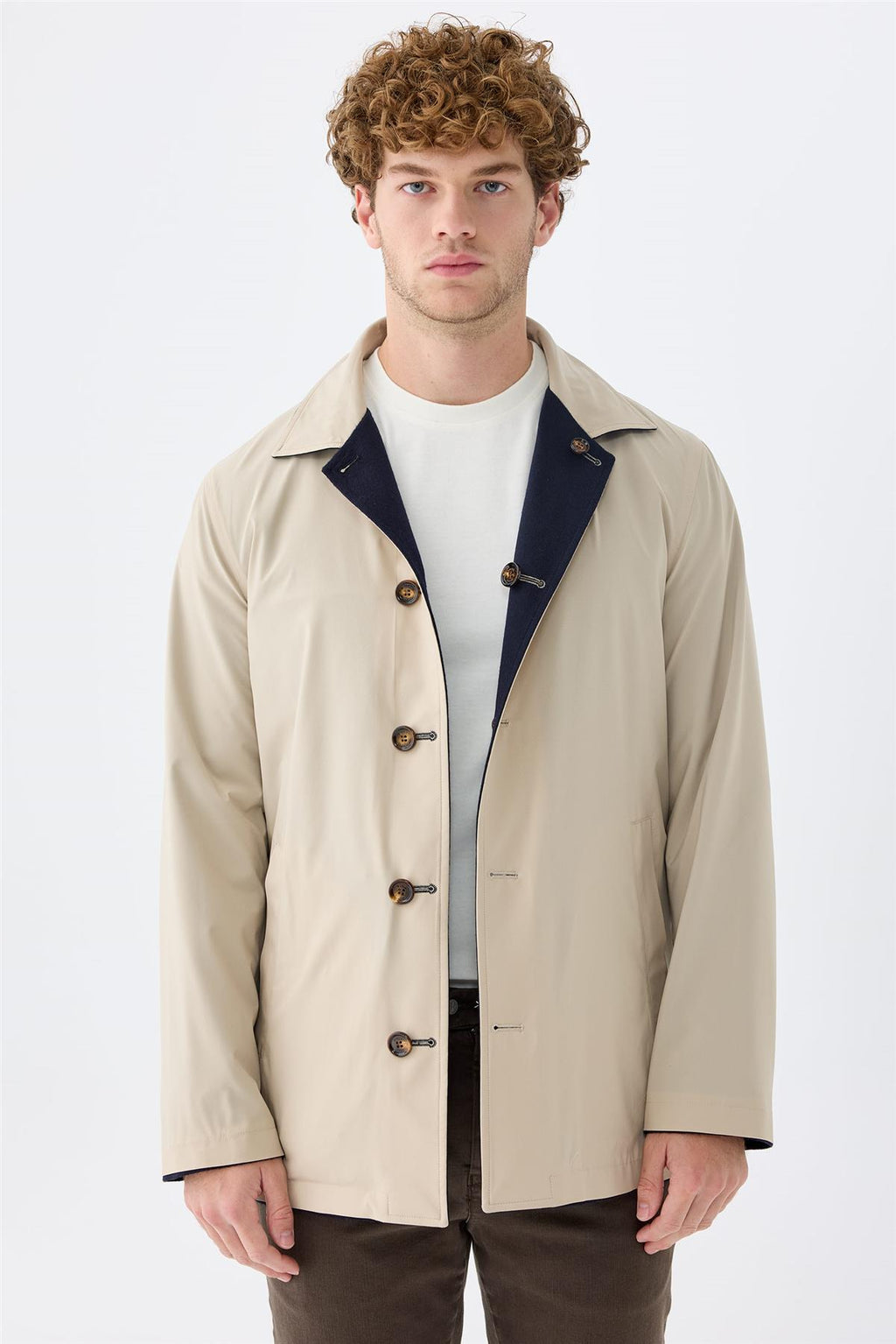 Lacivert Bej Çift Taraflı Kaşmir Mont - Image 2