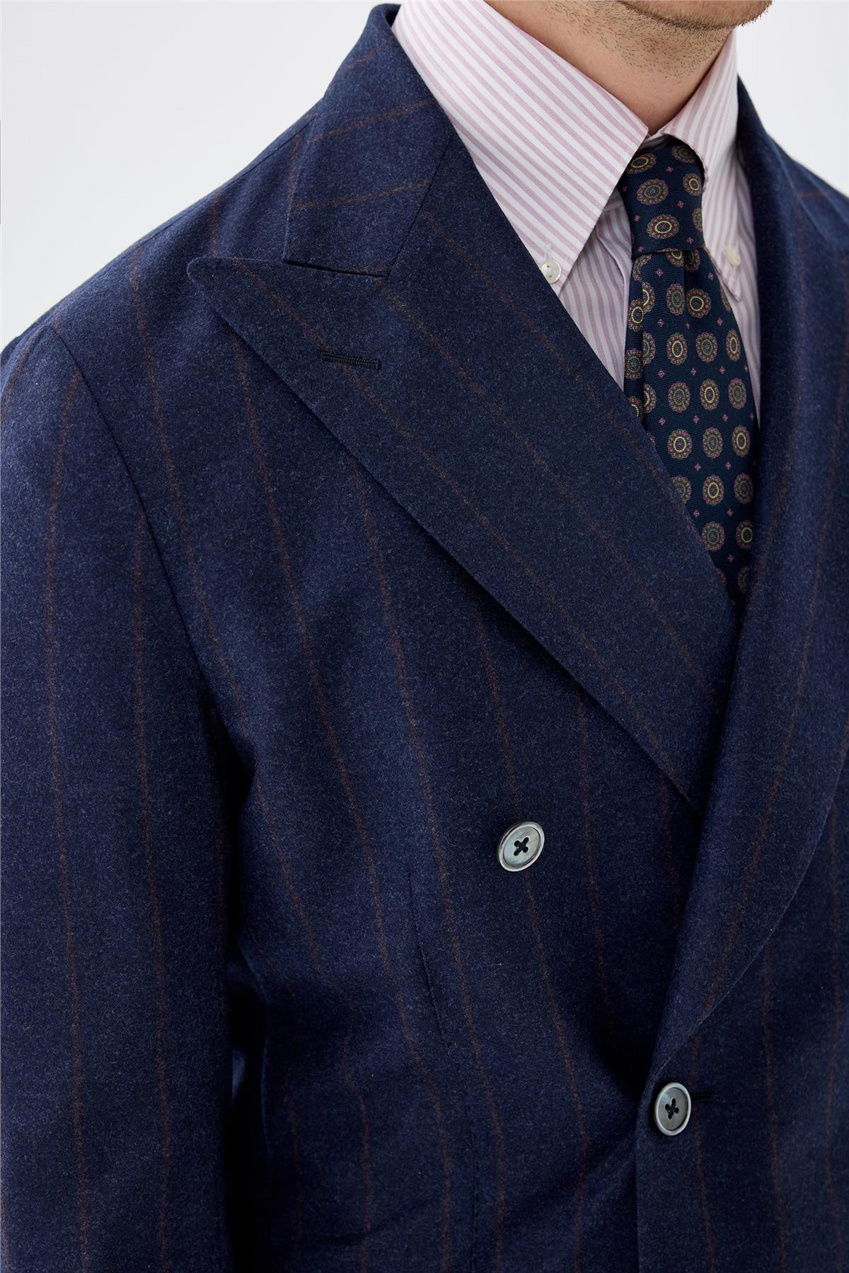 Lacivert Çizgili Kruvaze Yün Takım Elbise - Image 3