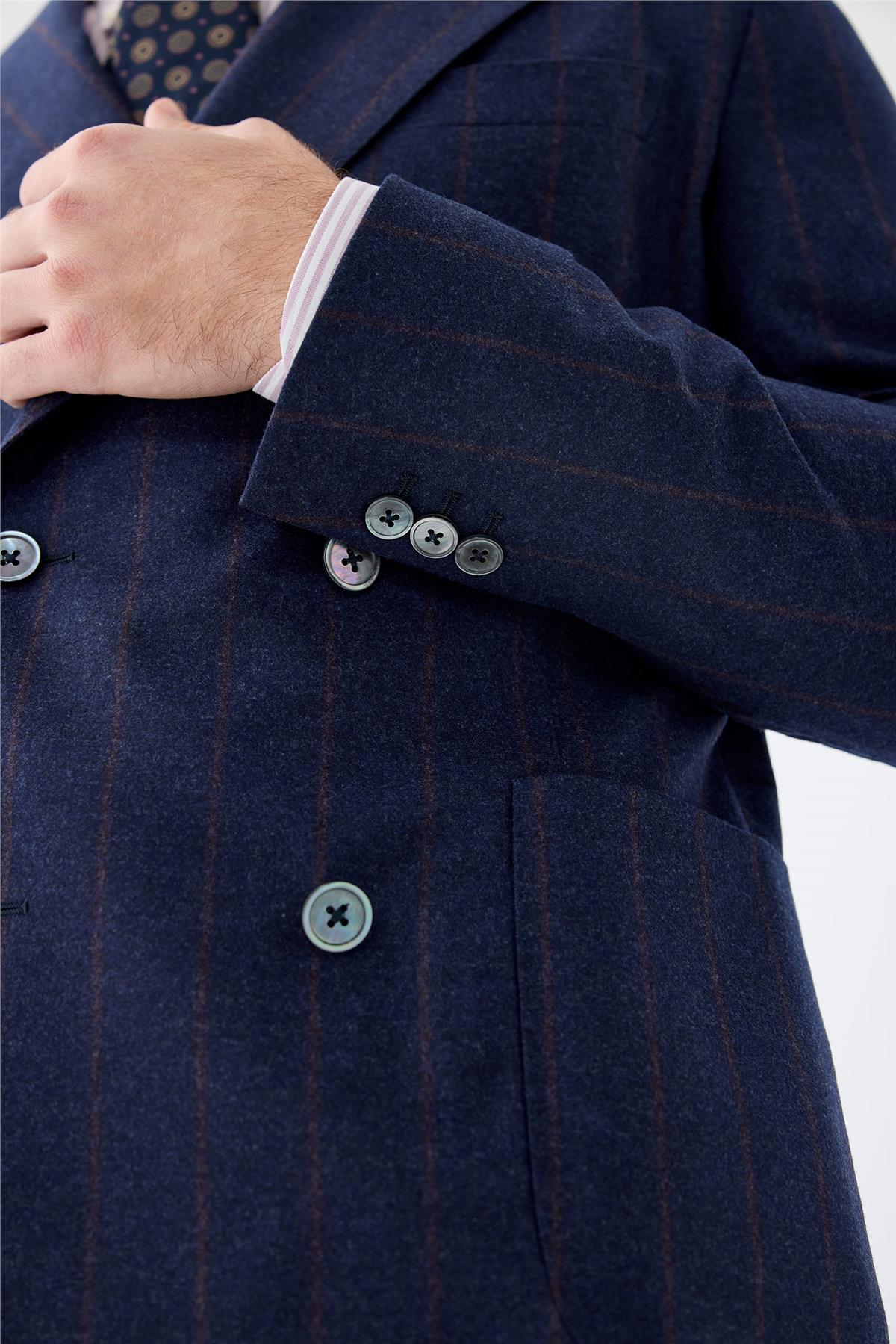 Lacivert Çizgili Kruvaze Yün Takım Elbise - Image 5