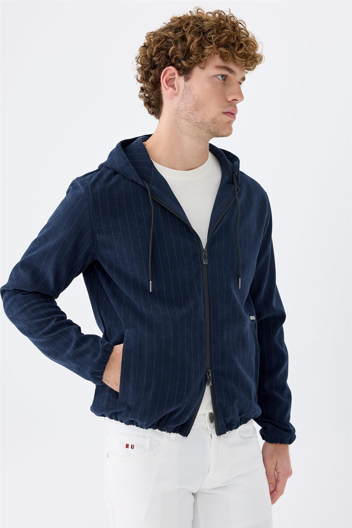 Lacivert Çizgili Running  Pamuk Mont - Image 4