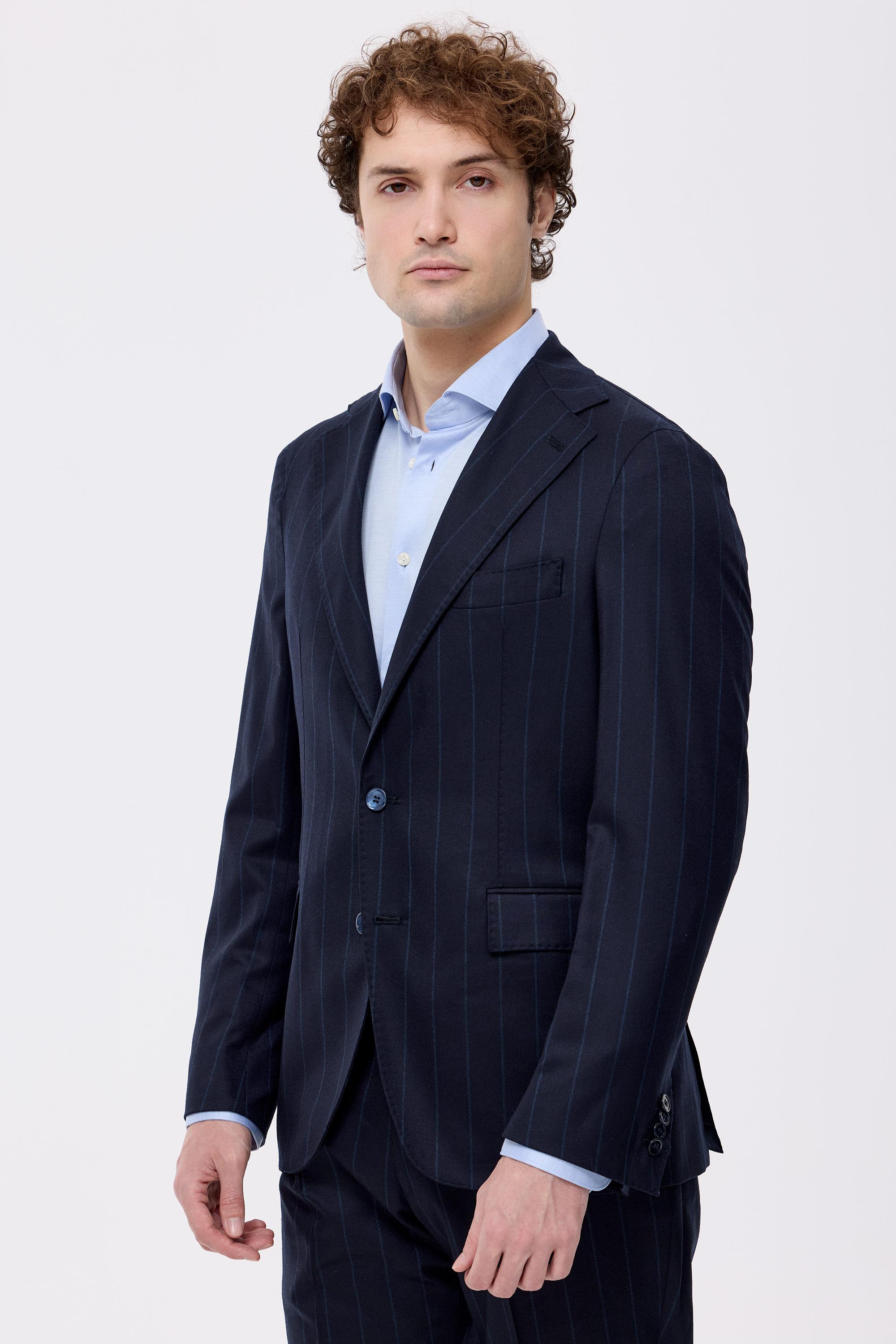 Lacivert Çizgili Saf Yün Takım Elbise