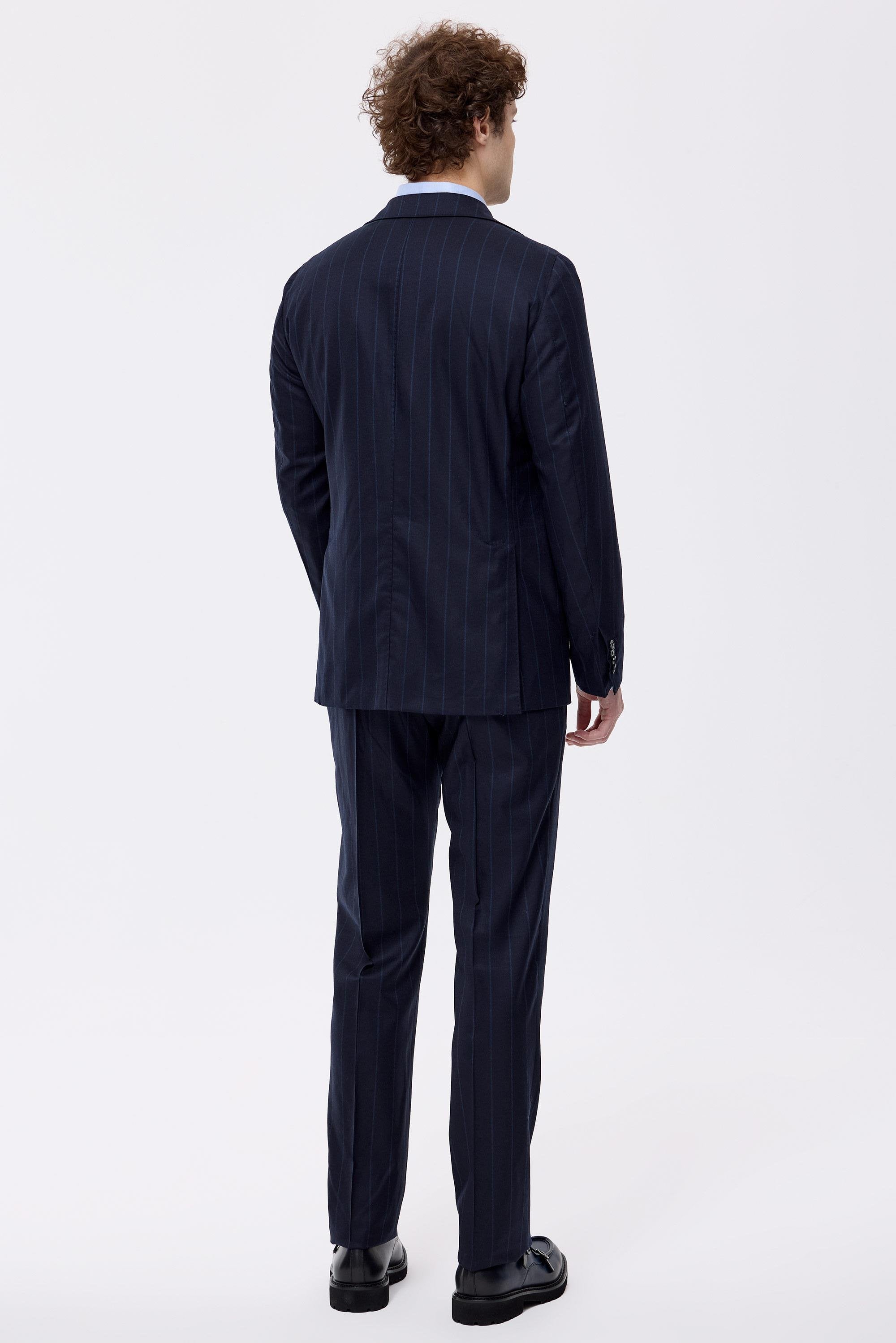 Lacivert Çizgili Saf Yün Takım Elbise