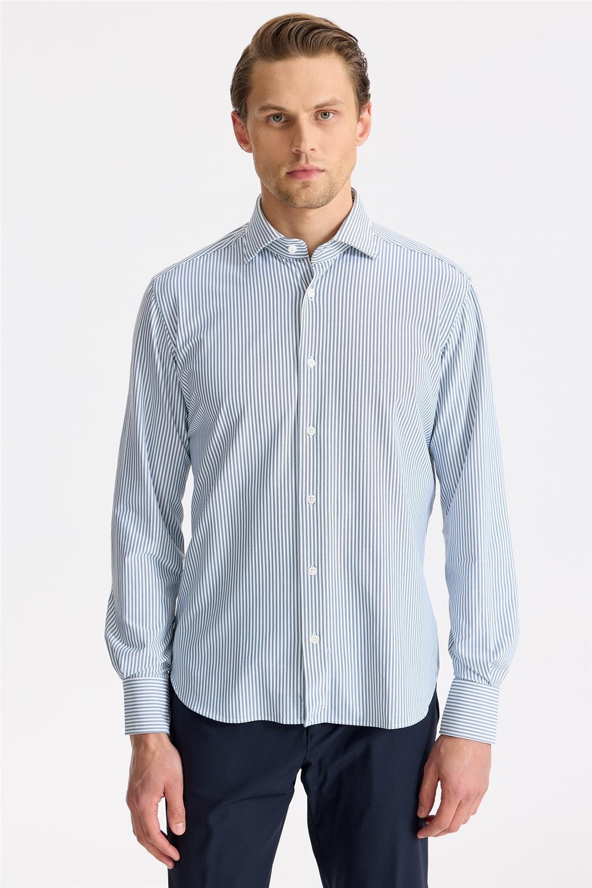 Lacivert Çizgili Teknik Kumaş Gömlek - Image 4