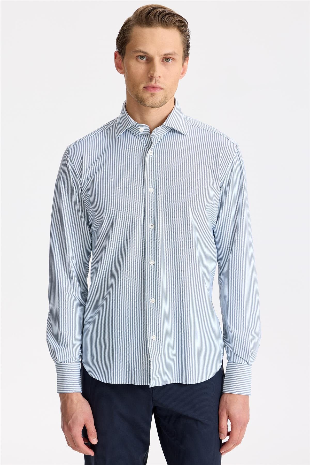 Lacivert Çizgili Teknik Kumaş Gömlek - Image 2