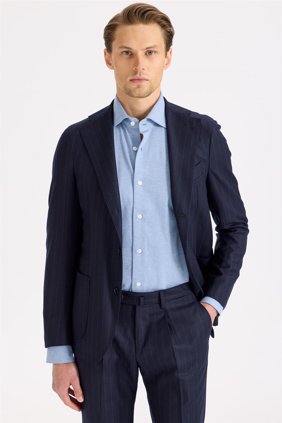 Lacivert Çizgili Yün Flanel Takım Elbise - Image 5