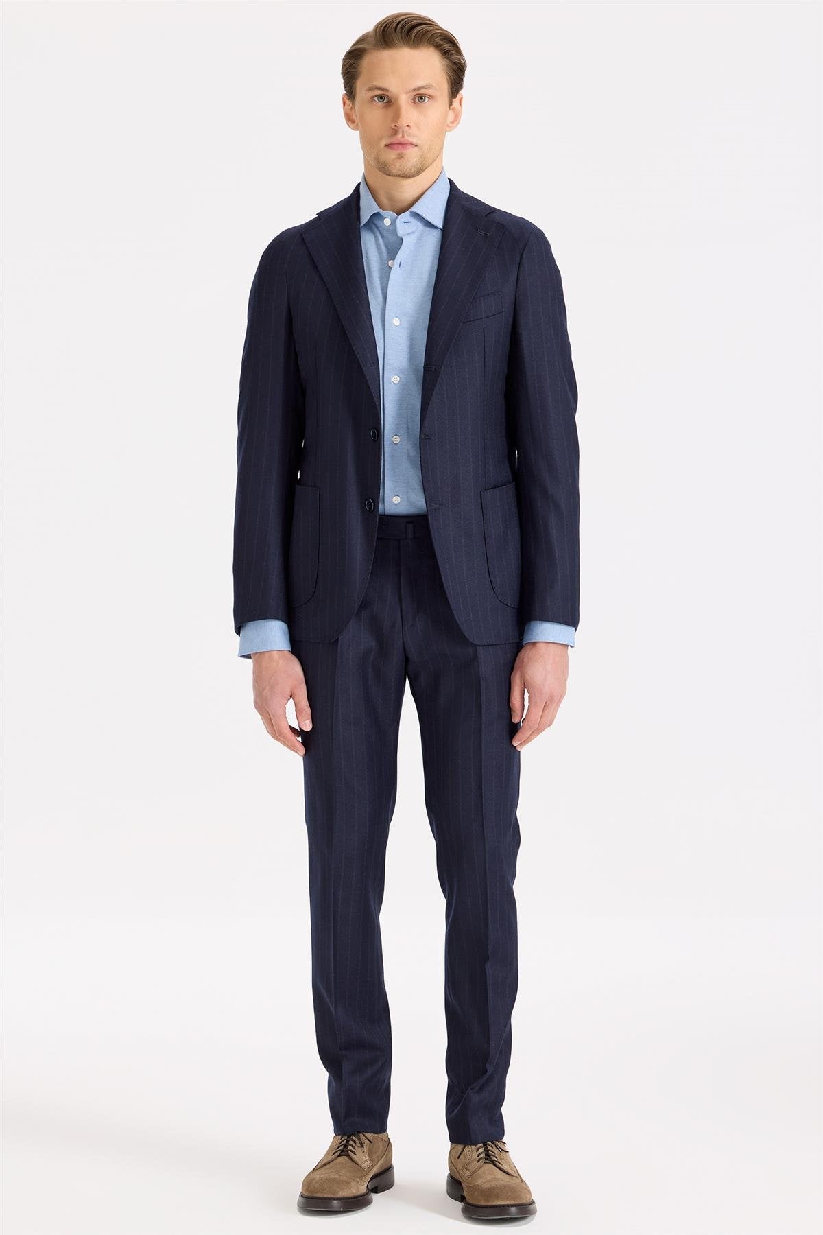 Lacivert Çizgili Yün Flanel Takım Elbise - Image 1