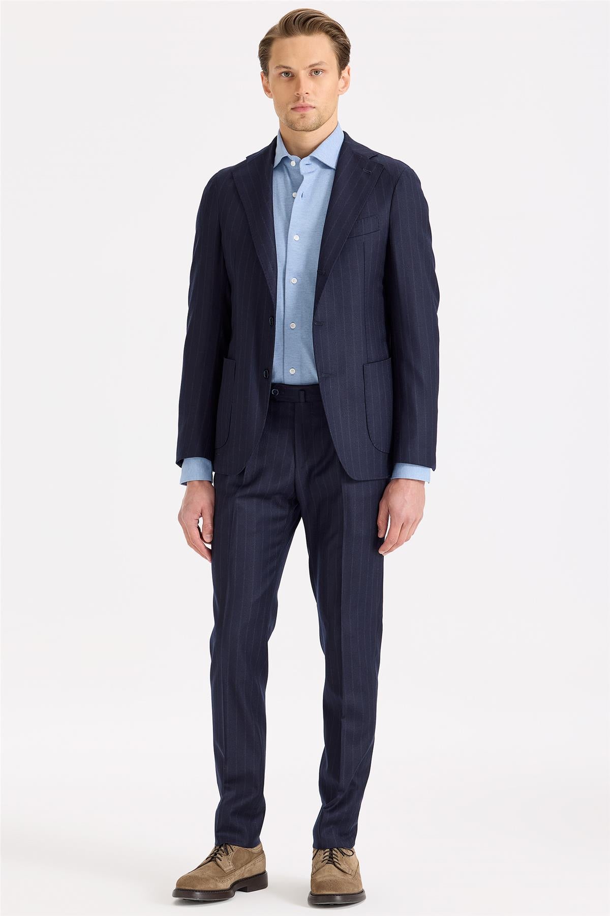 Lacivert Çizgili Yün Flanel Takım Elbise - Image 2