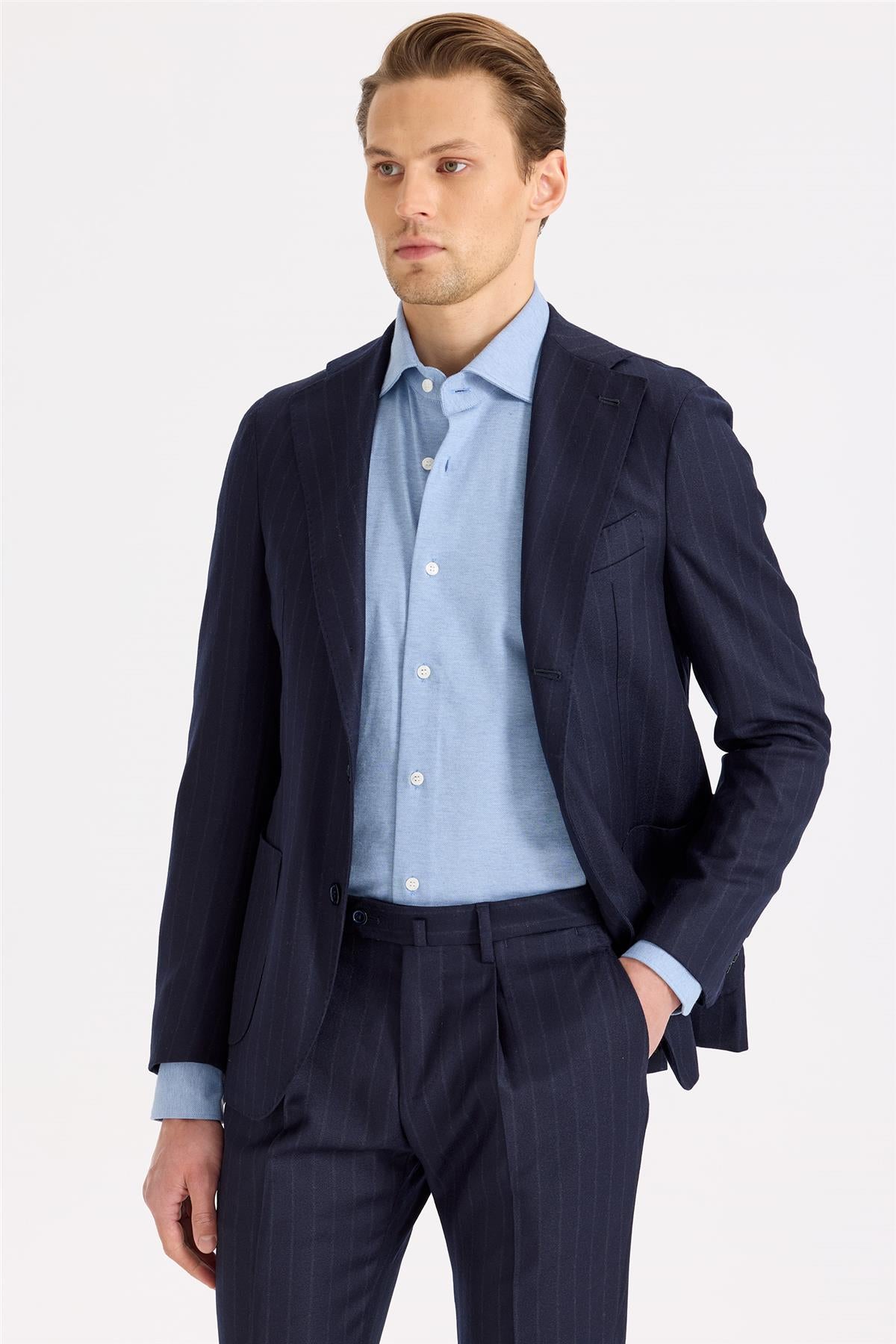 Lacivert Çizgili Yün Flanel Takım Elbise - Image 4