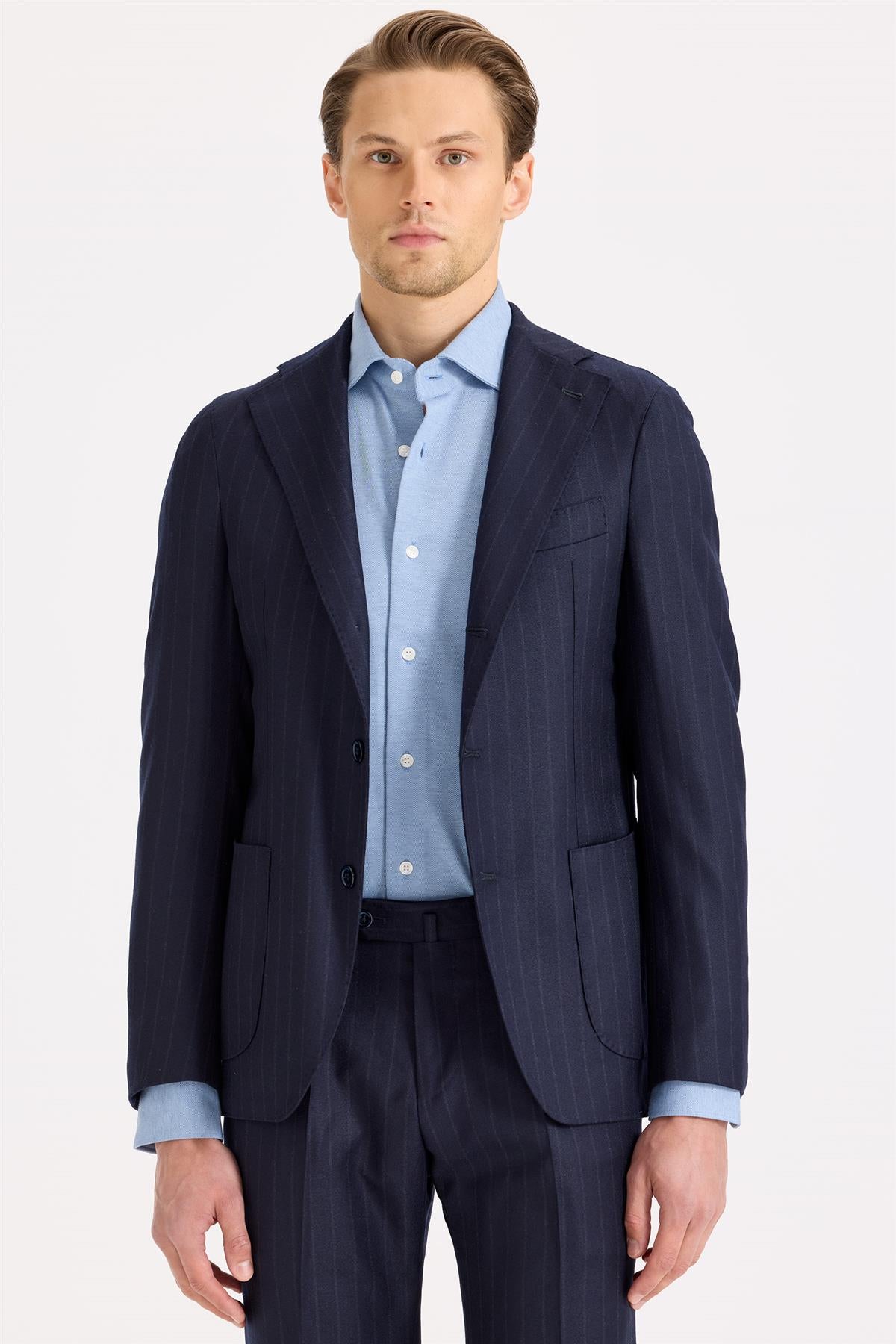 Lacivert Çizgili Yün Flanel Takım Elbise - Image 3