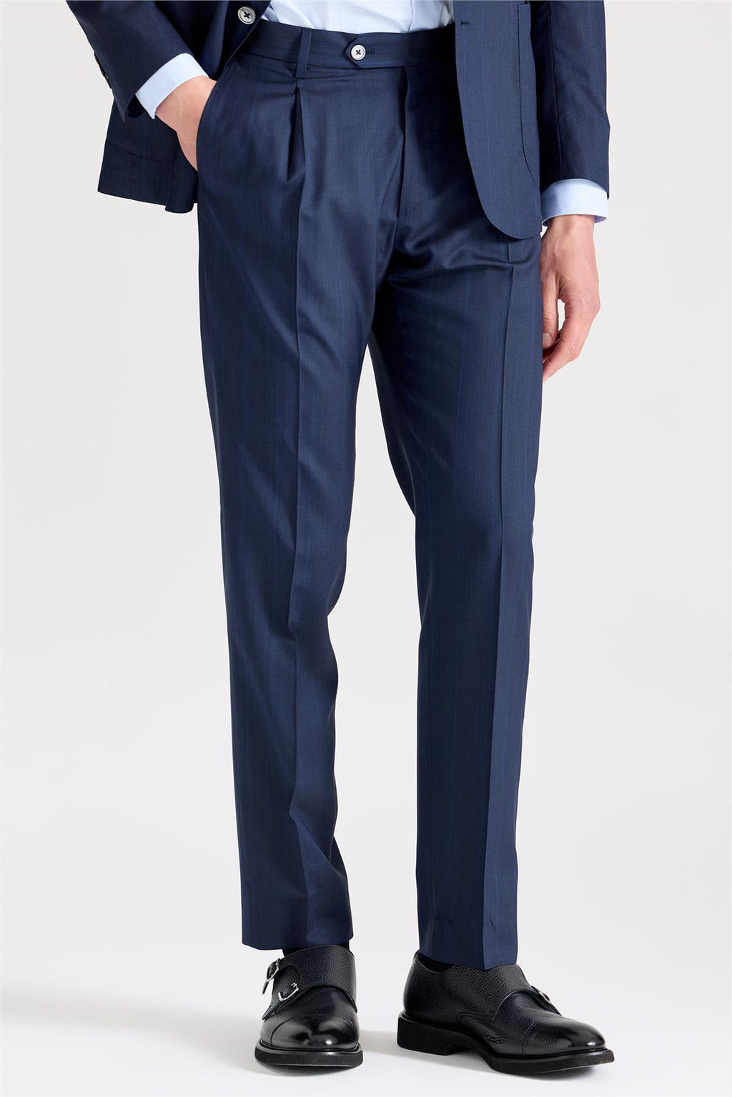 Lacivert Çizgili Yün İpek Takım Elbise - Image 5